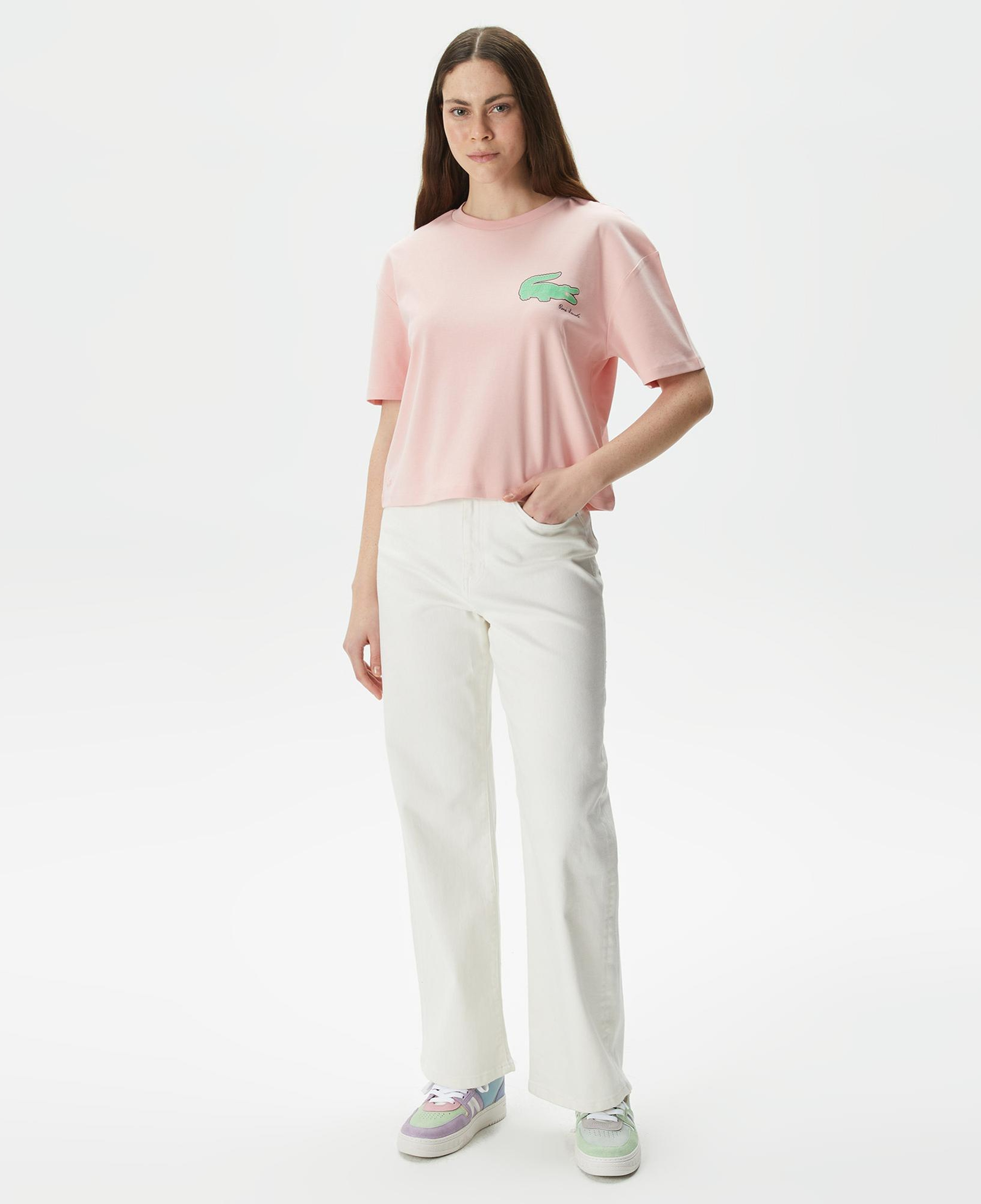 Kadın Loose Fit Bisiklet Yaka Baskılı Organik Pamuk Pembe T-Shirt