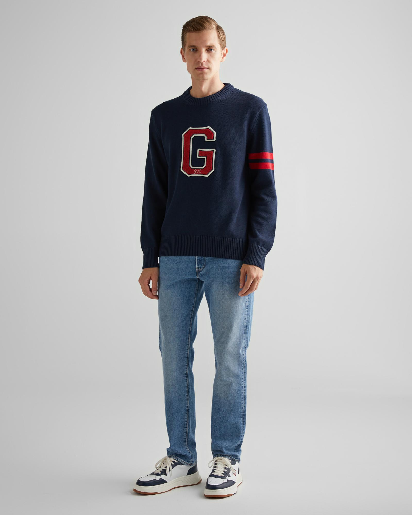 GANT Erkek Lacivert Relaxed Fit Bisiklet Yaka Logolu Kazak