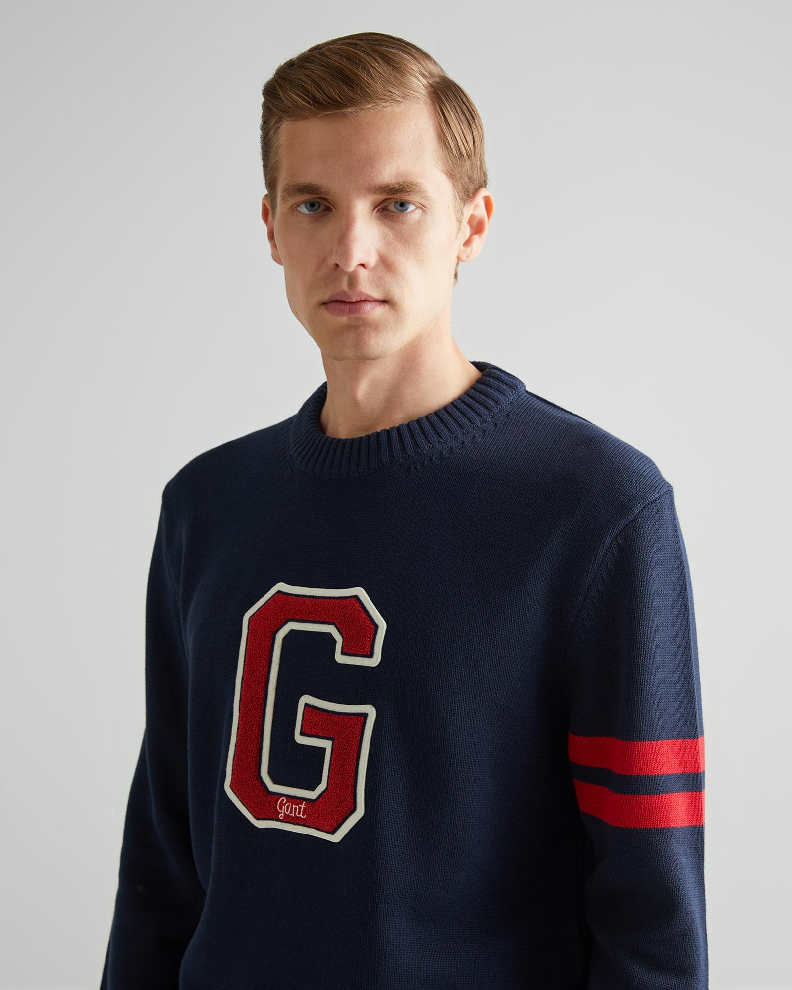 GANT Erkek Lacivert Relaxed Fit Bisiklet Yaka Logolu Kazak