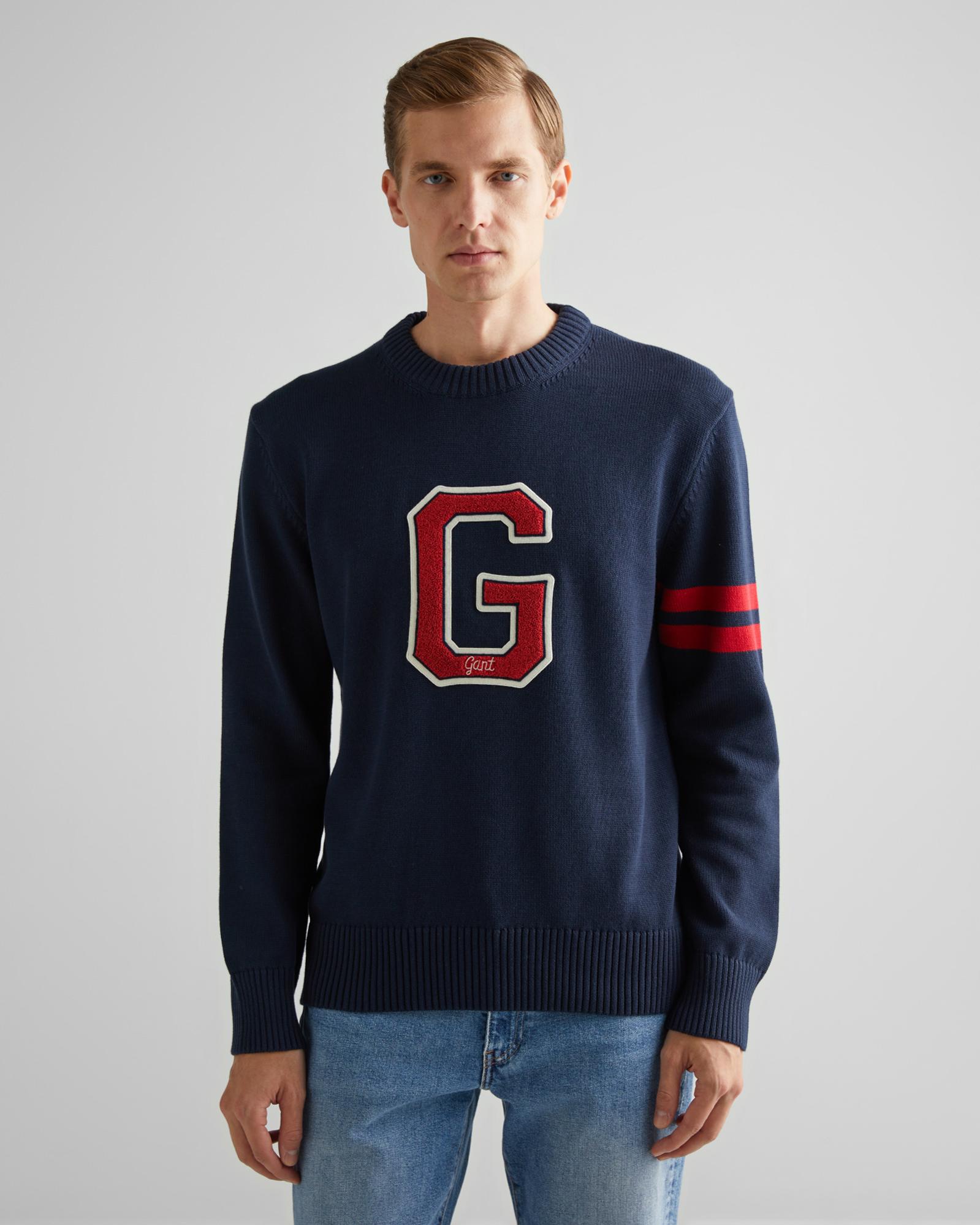 GANT Erkek Lacivert Relaxed Fit Bisiklet Yaka Logolu Kazak