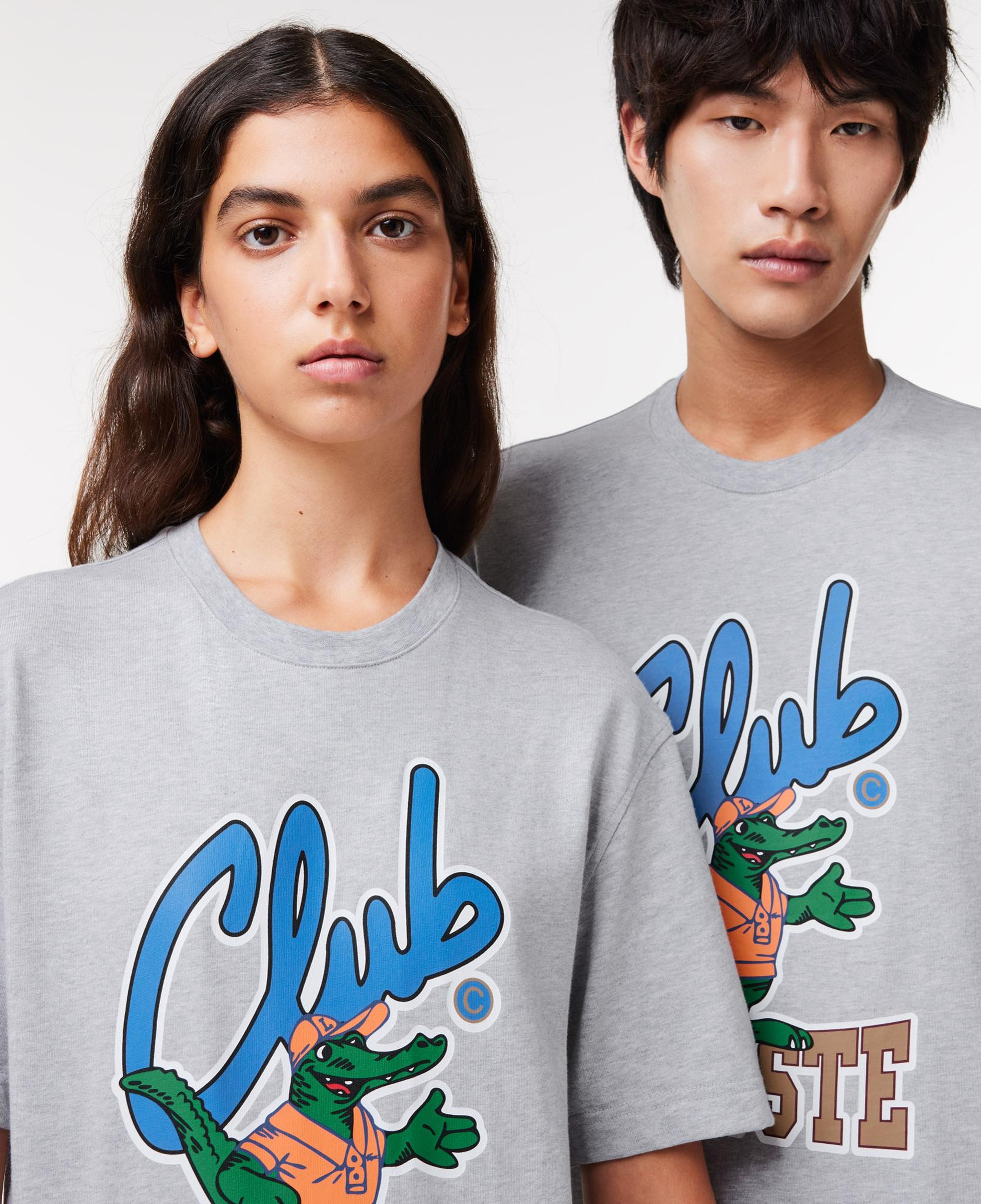 Unisex Relaxed Fit Bisiklet Yaka Baskılı Gri T-Shirt