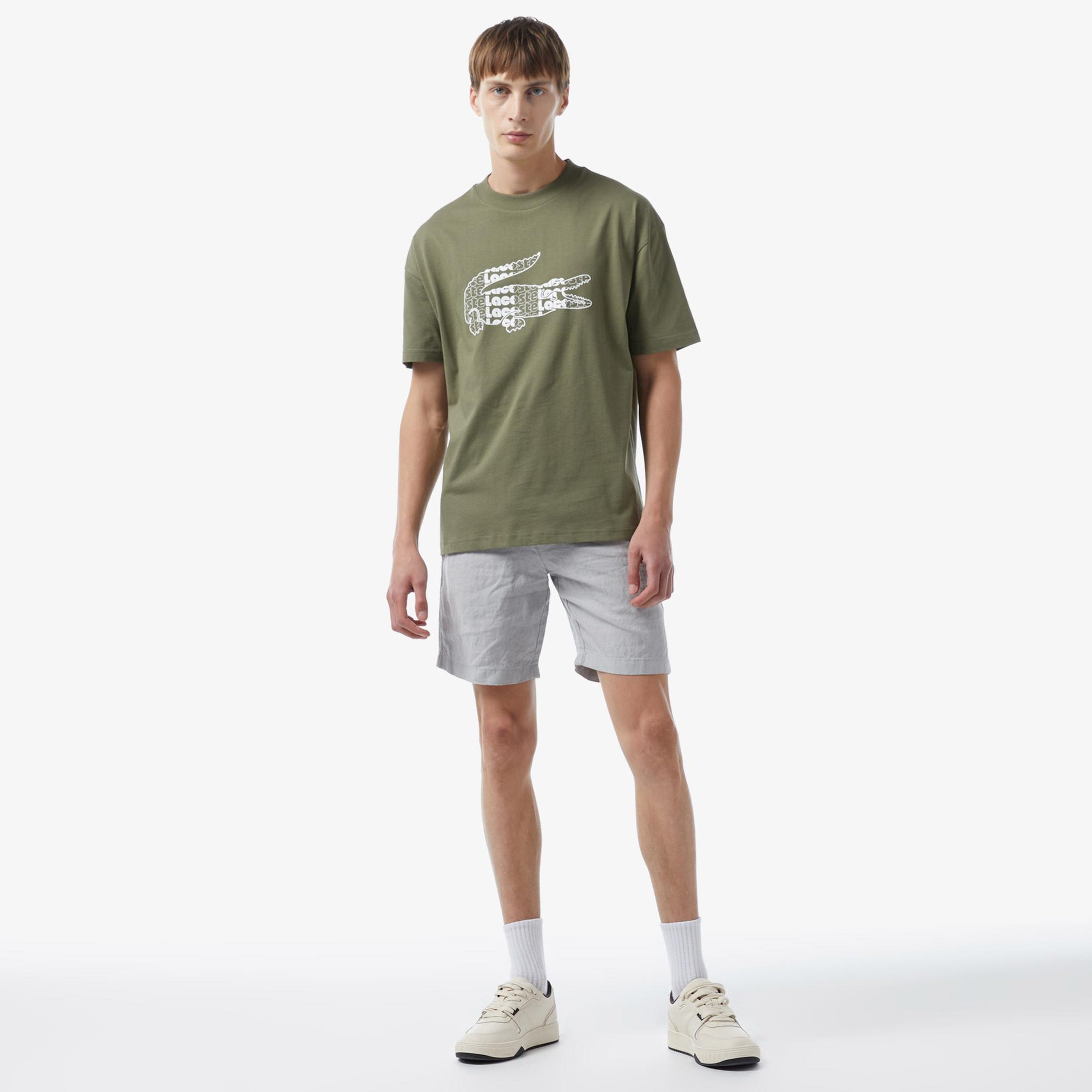 Erkek Oversize Fit Bisiklet Yaka Baskılı Haki T-Shirt