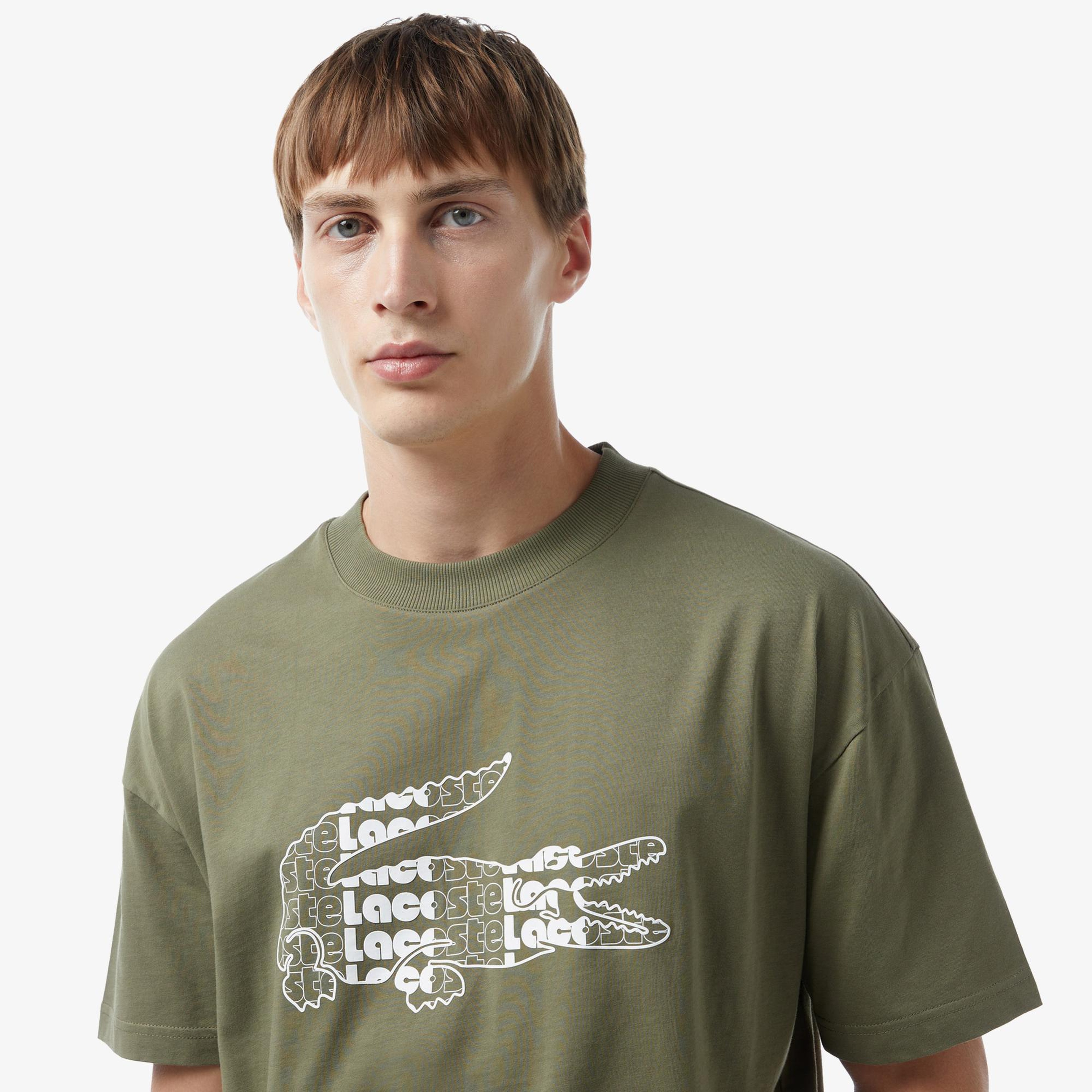 Erkek Oversize Fit Bisiklet Yaka Baskılı Haki T-Shirt