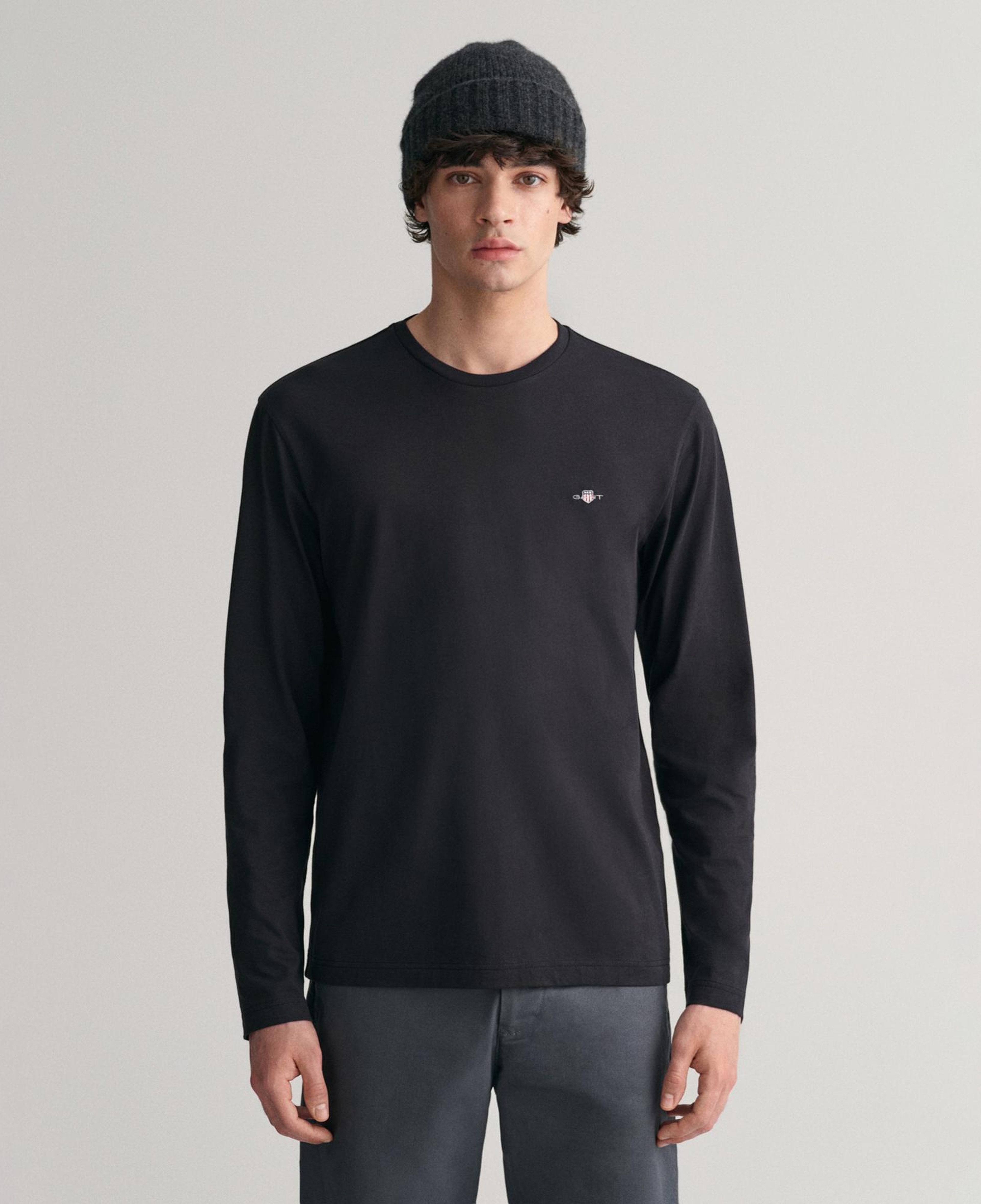 Gant Erkek Siyah Regular Fit Bisiklet Yaka Uzun Kollu T-Shirt