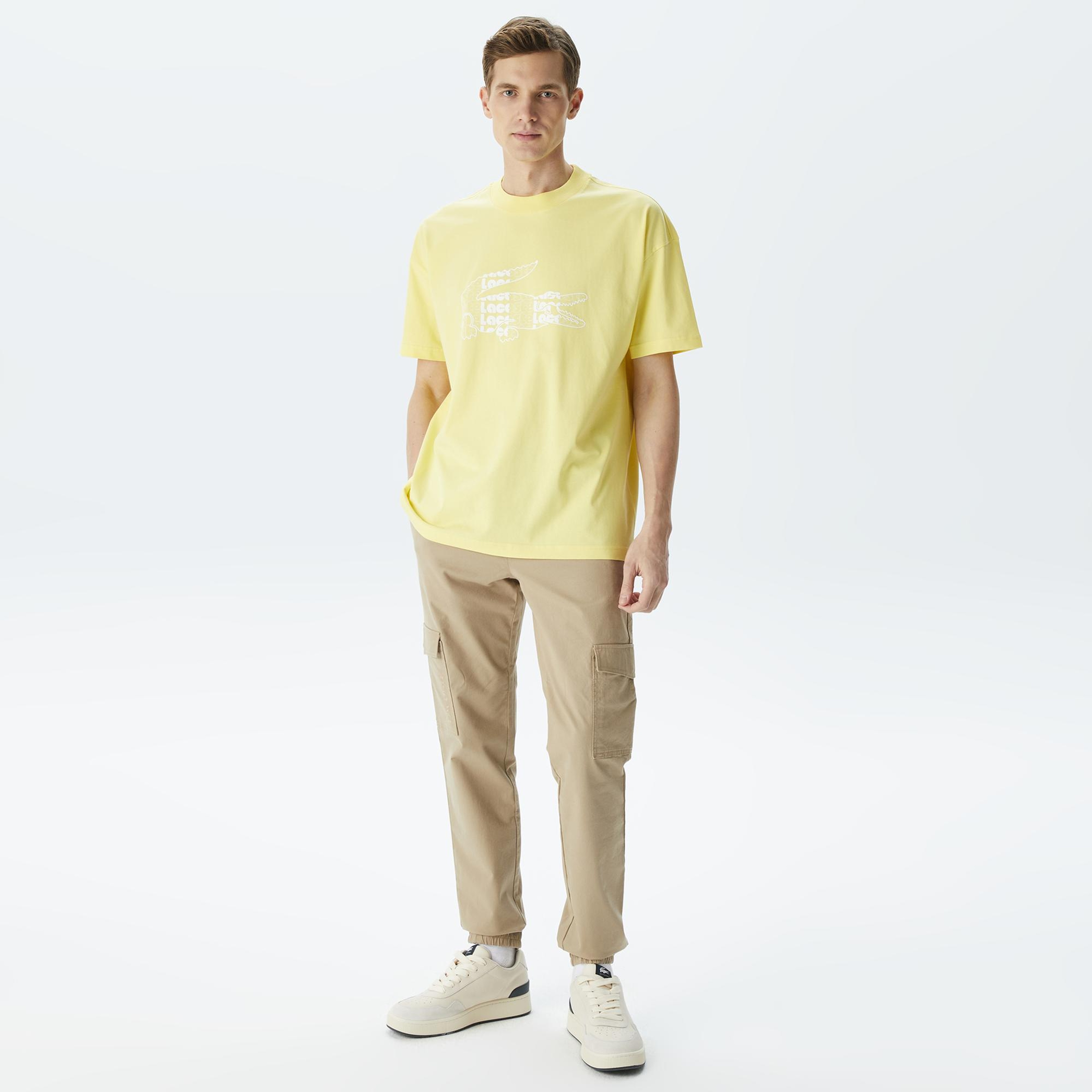 Erkek Oversize Fit Bisiklet Yaka Baskılı Sarı T-Shirt