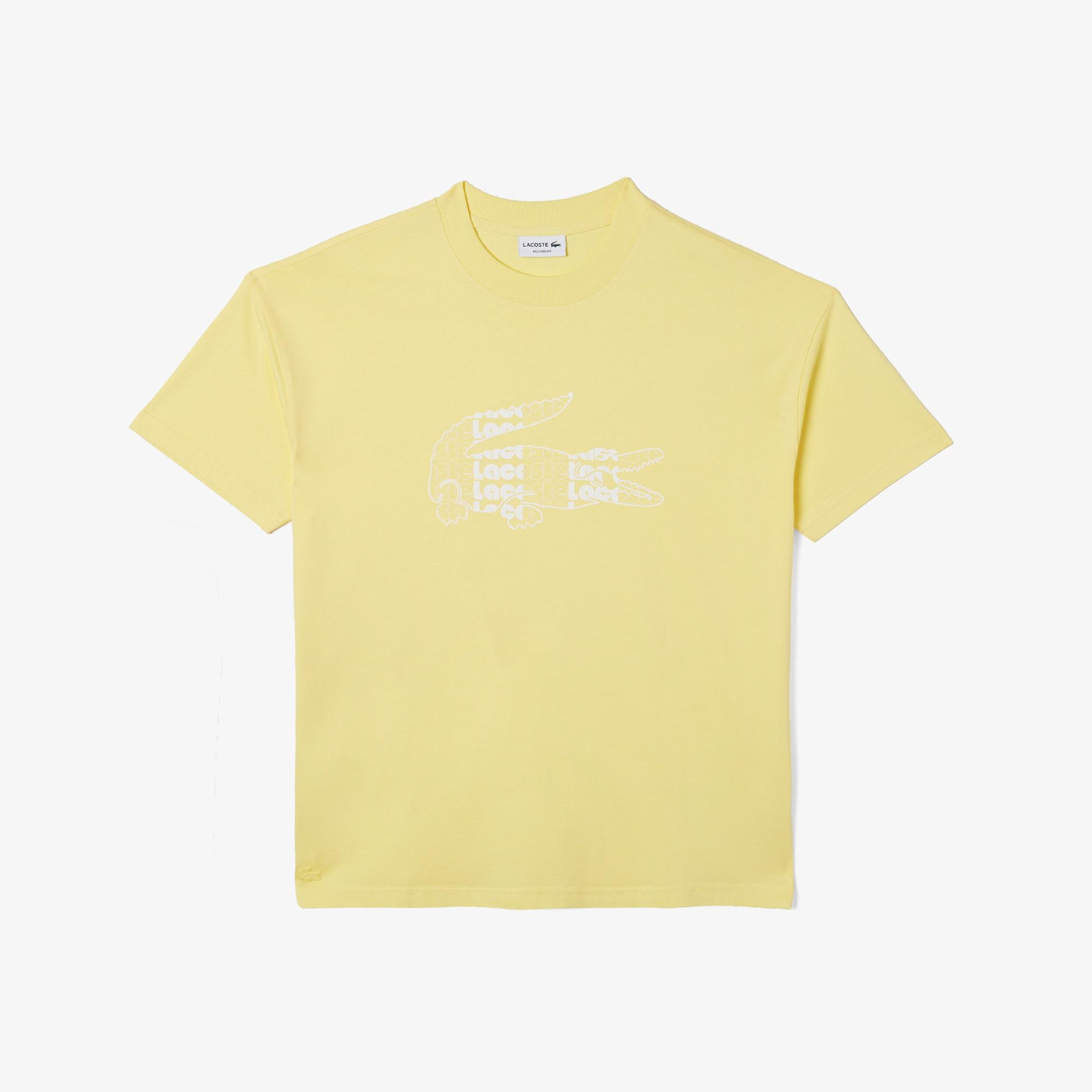 Erkek Oversize Fit Bisiklet Yaka Baskılı Sarı T-Shirt