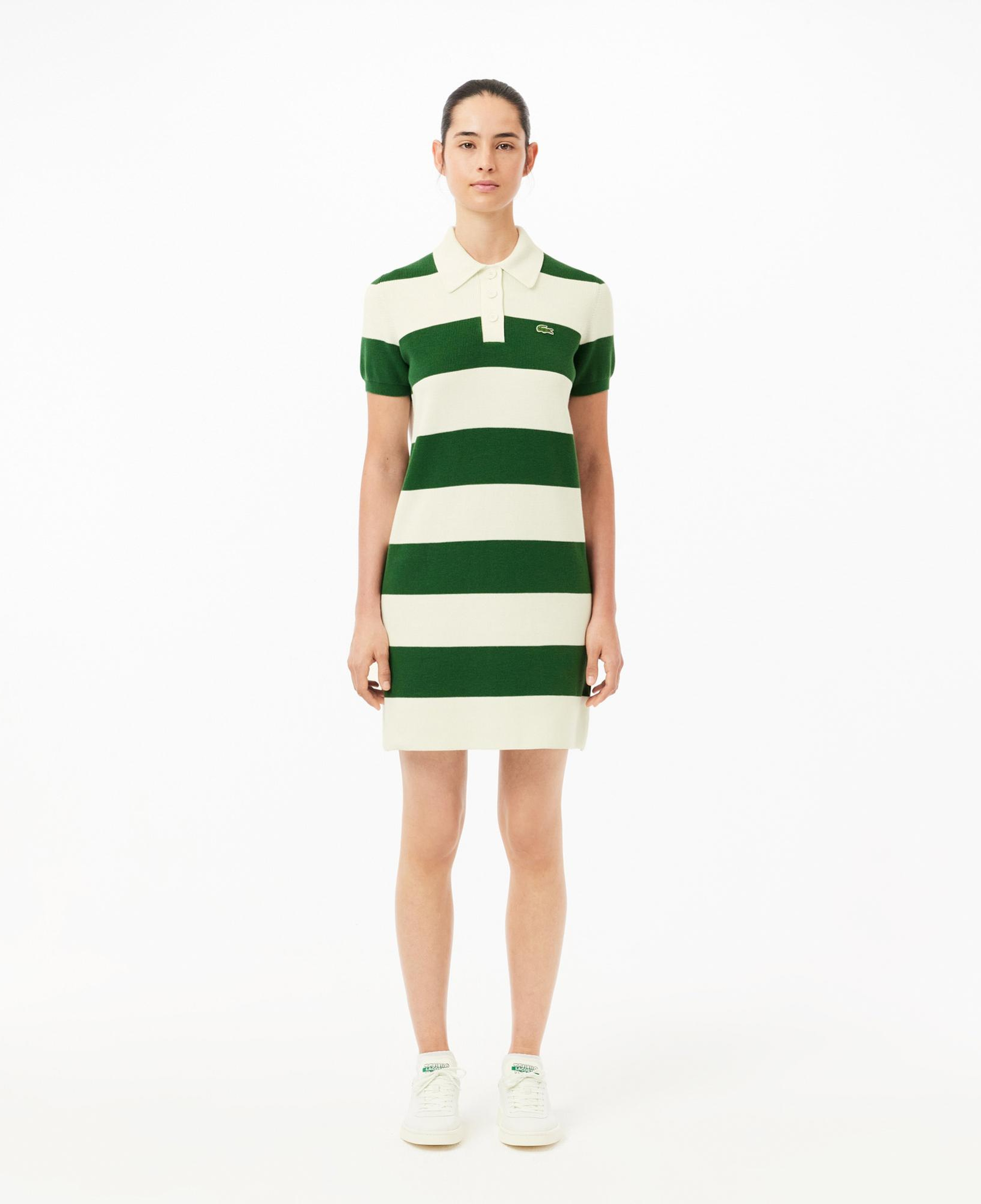 Kadın Slim Fit Polo Yaka Çizgili Beyaz Elbise