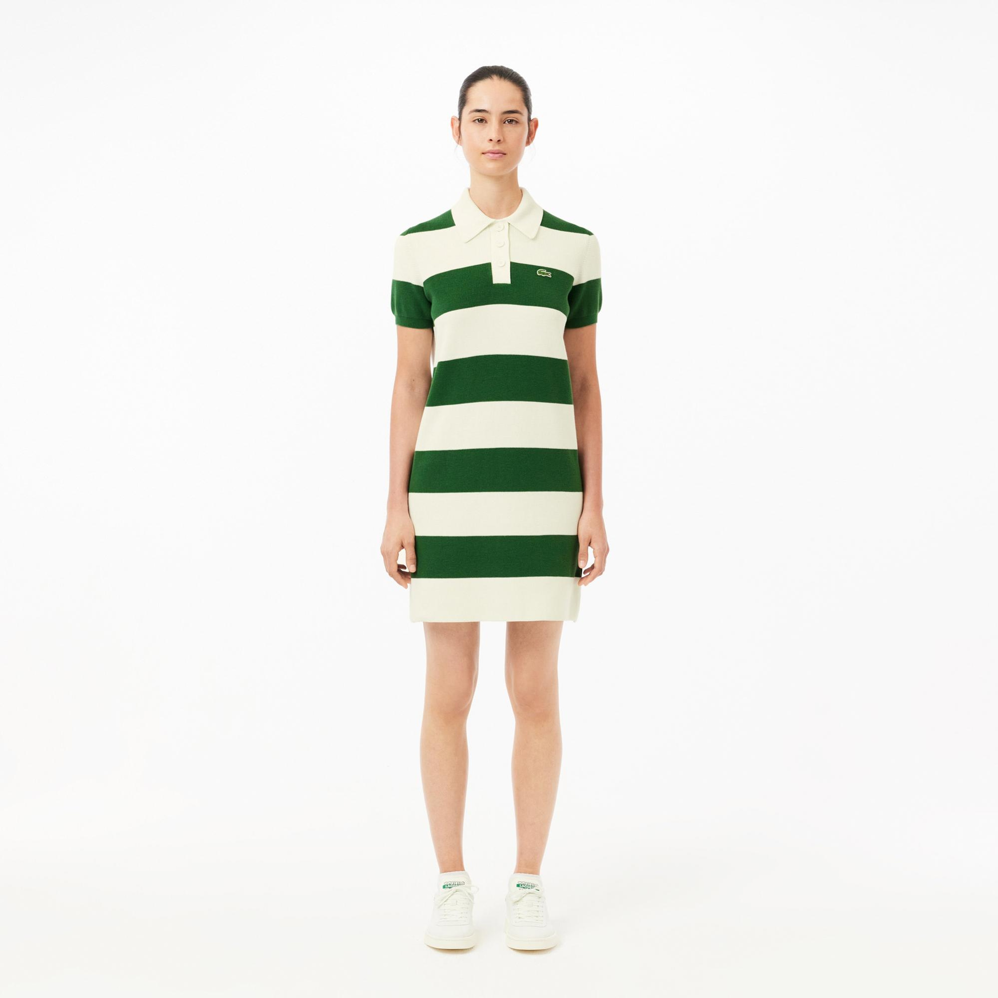 Kadın Slim Fit Polo Yaka Çizgili Beyaz Elbise