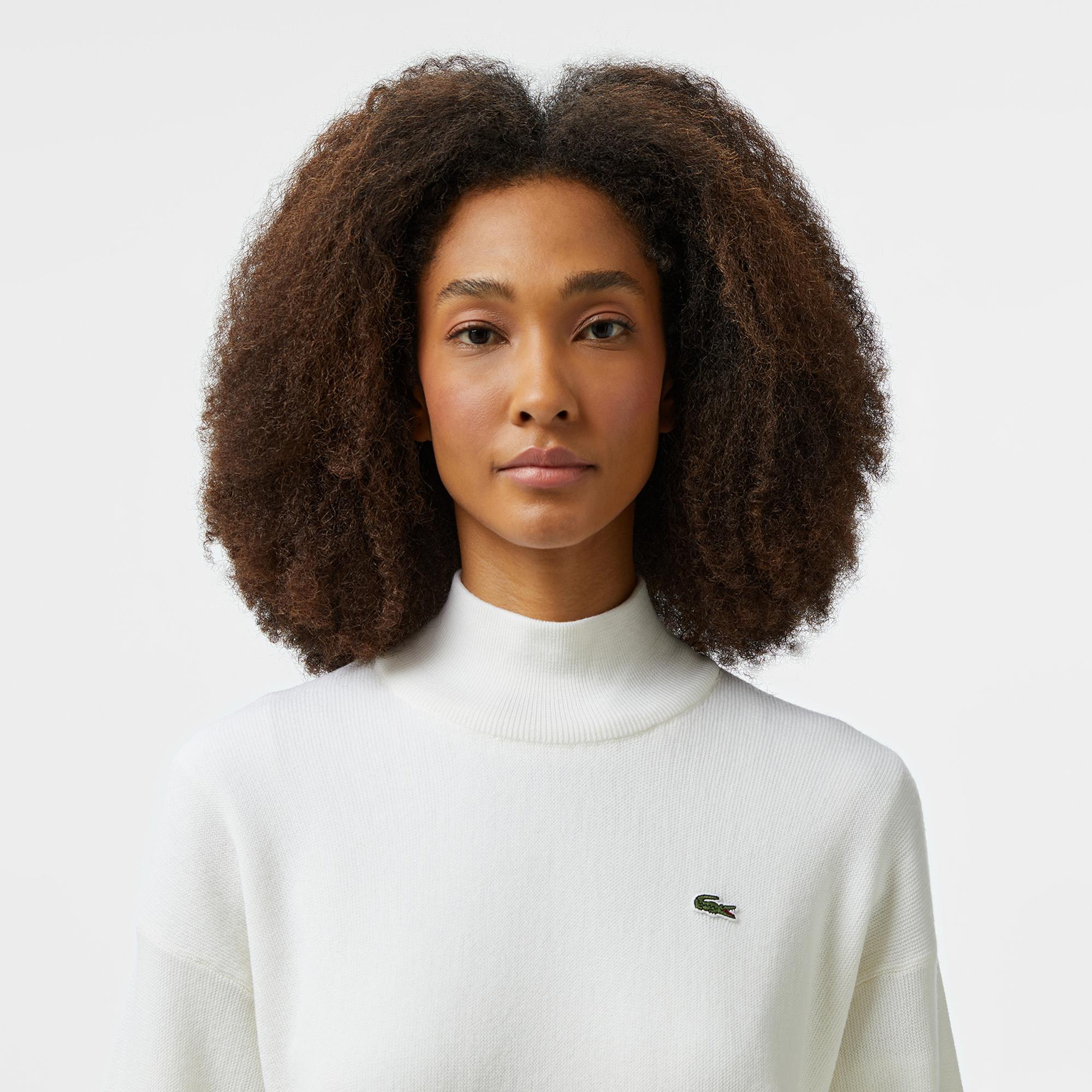 Kadın Relaxed Fit Polo Yaka Yün Beyaz Triko