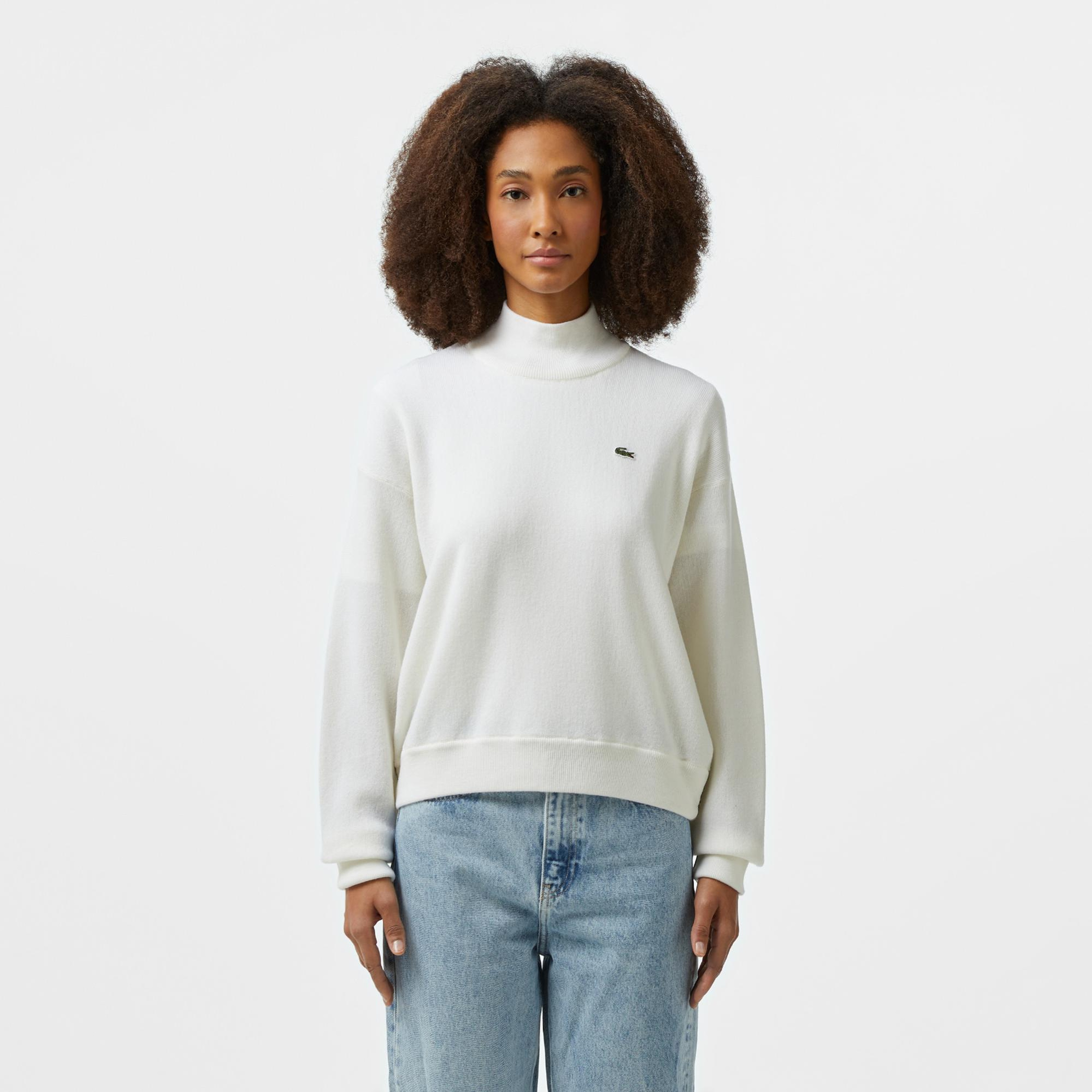 Kadın Relaxed Fit Polo Yaka Yün Beyaz Triko