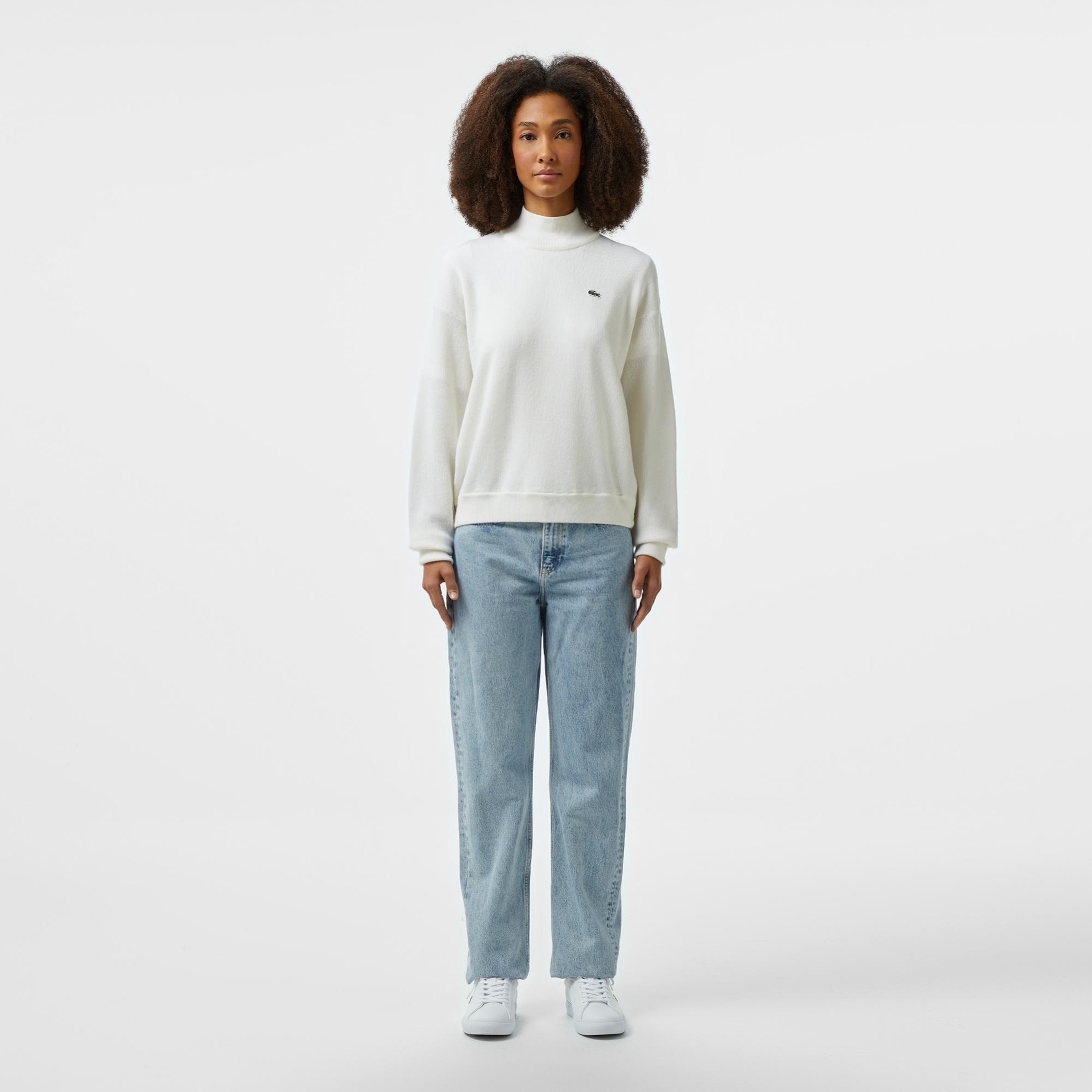 Kadın Relaxed Fit Polo Yaka Yün Beyaz Triko