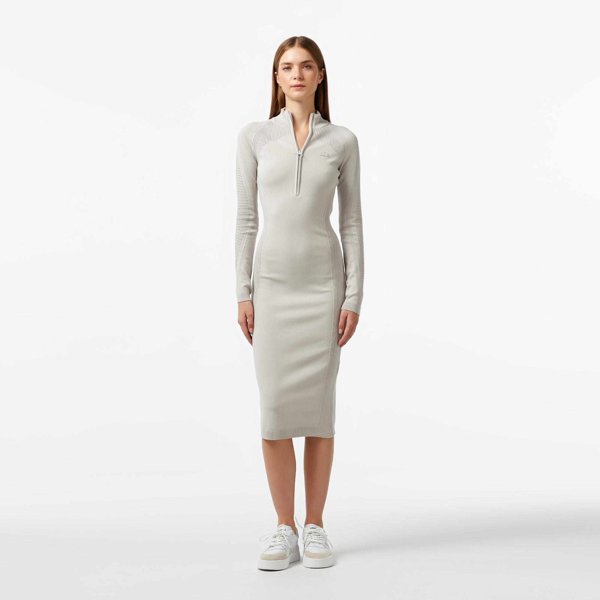 Kadın Slim Fit Uzun Kollu Yarım Fermuarlı Gri Elbise