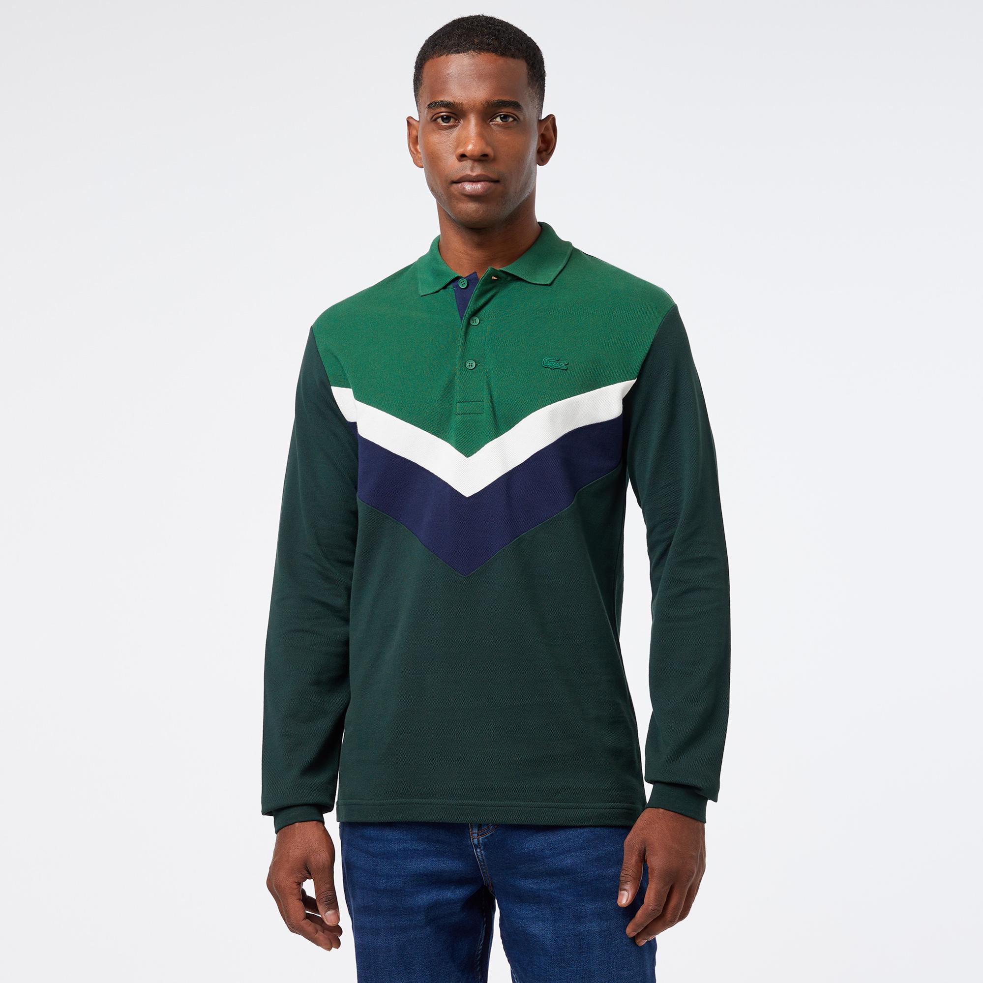 Erkek Classic Fit Uzun Kollu Renk Bloklu Yeşil Polo