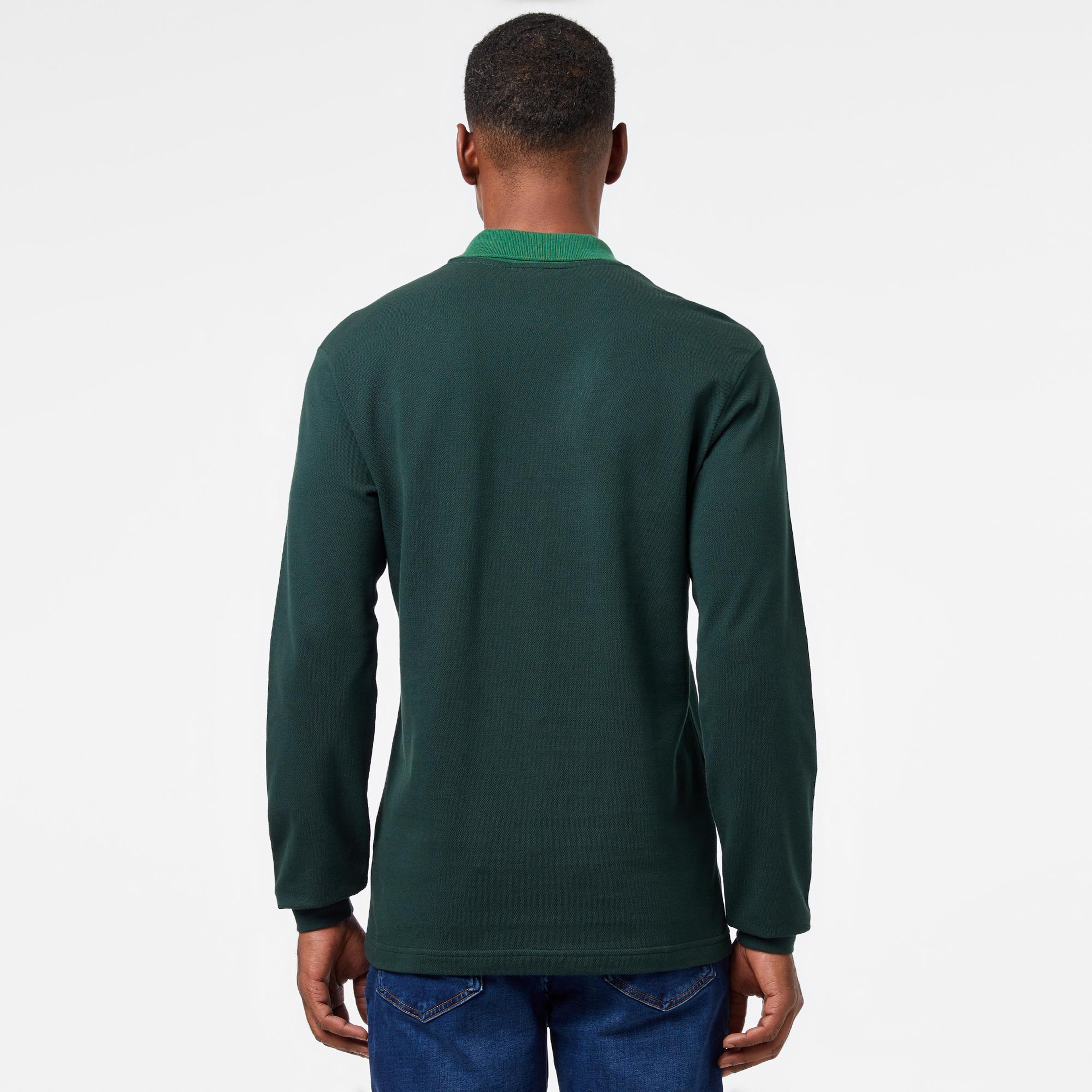 Erkek Classic Fit Uzun Kollu Renk Bloklu Yeşil Polo