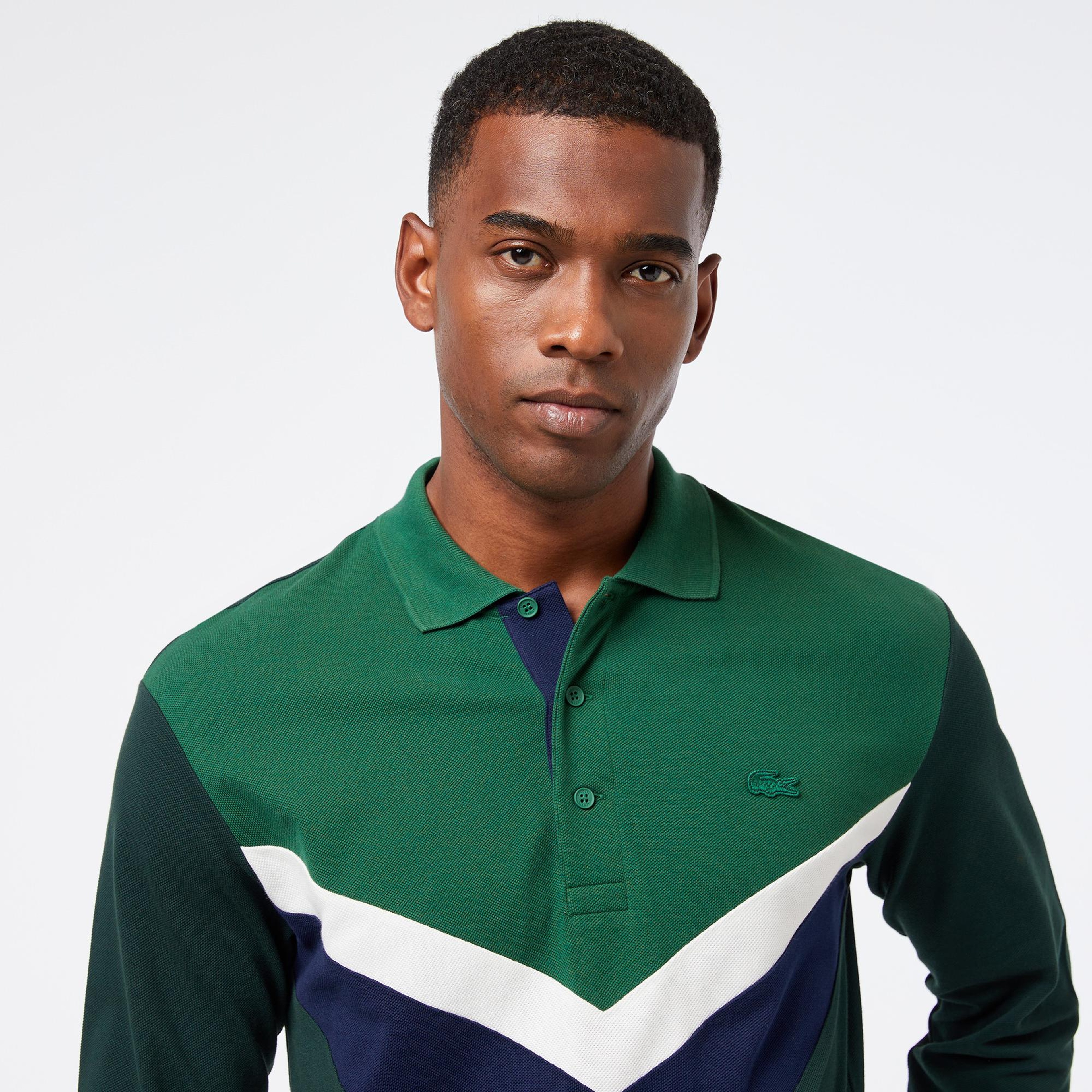 Erkek Classic Fit Uzun Kollu Renk Bloklu Yeşil Polo