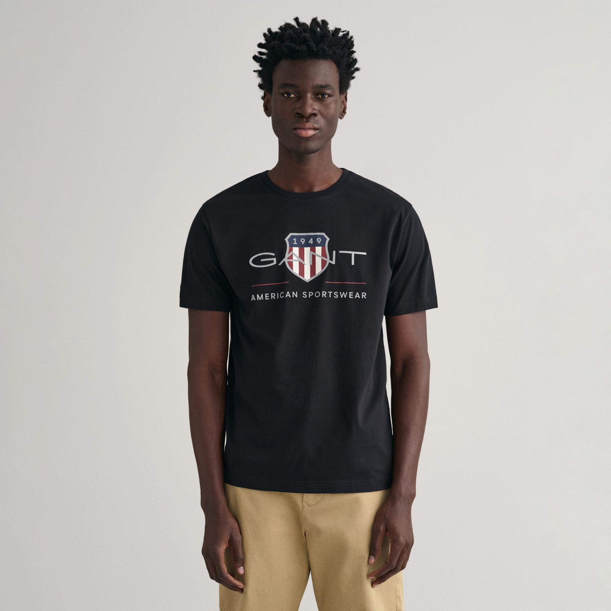 GANT Erkek Siyah Regular Fit Bisiklet Yaka Logolu T-Shirt