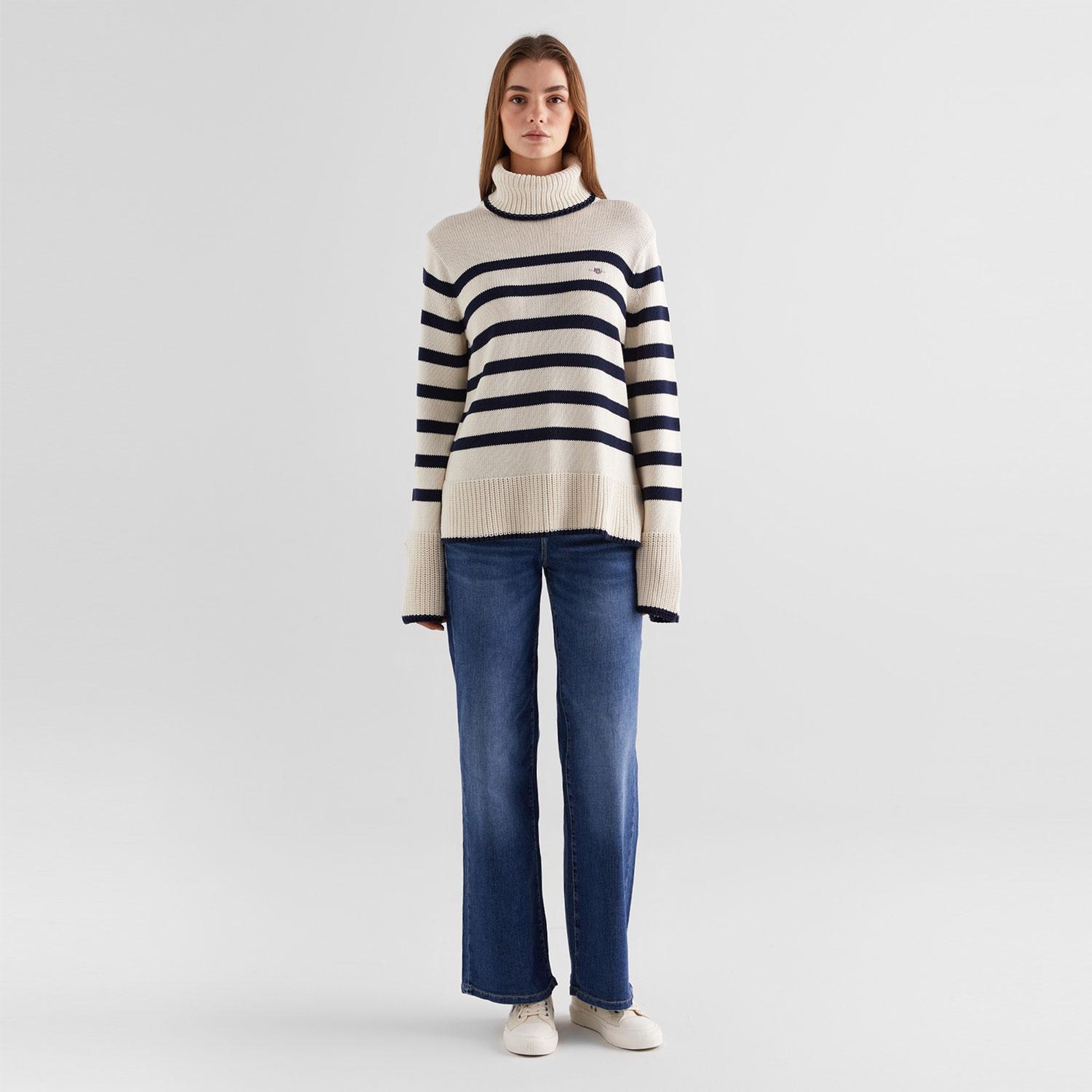 GANT Kadın Krem Oversize Fit Boğazlı Yaka Çizgili Kazak