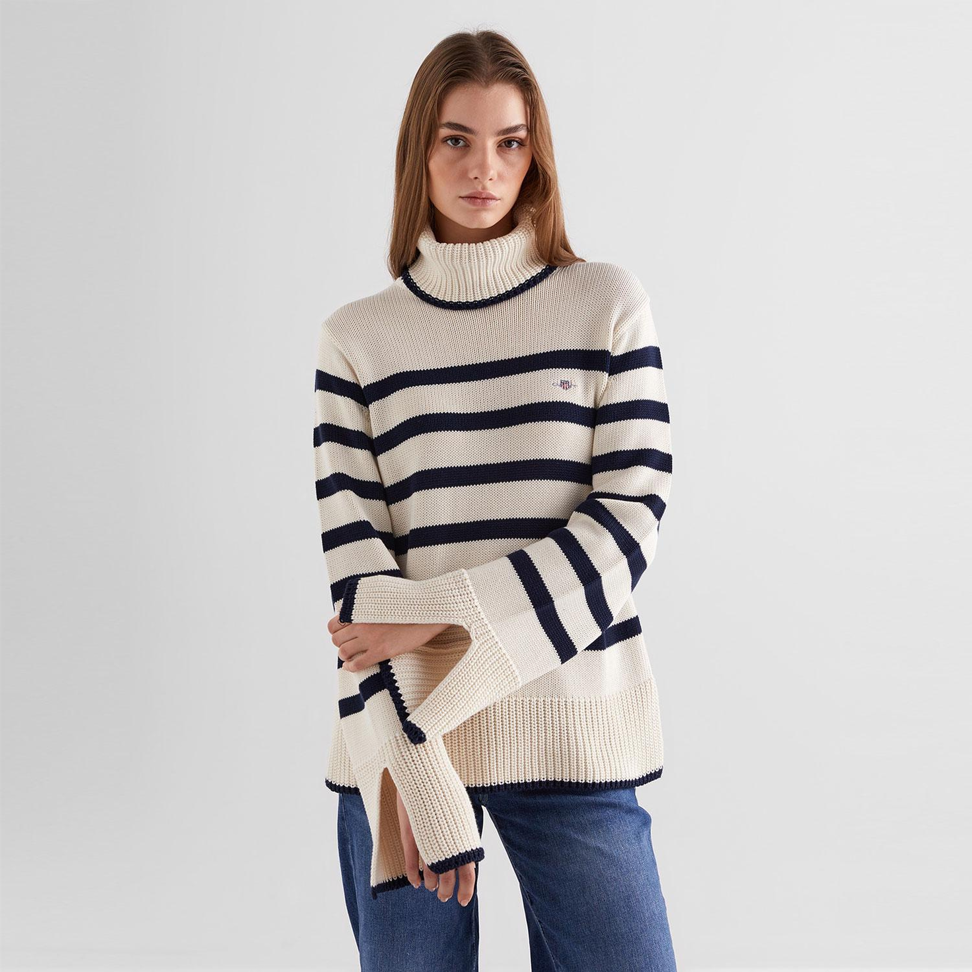 GANT Kadın Krem Oversize Fit Boğazlı Yaka Çizgili Kazak