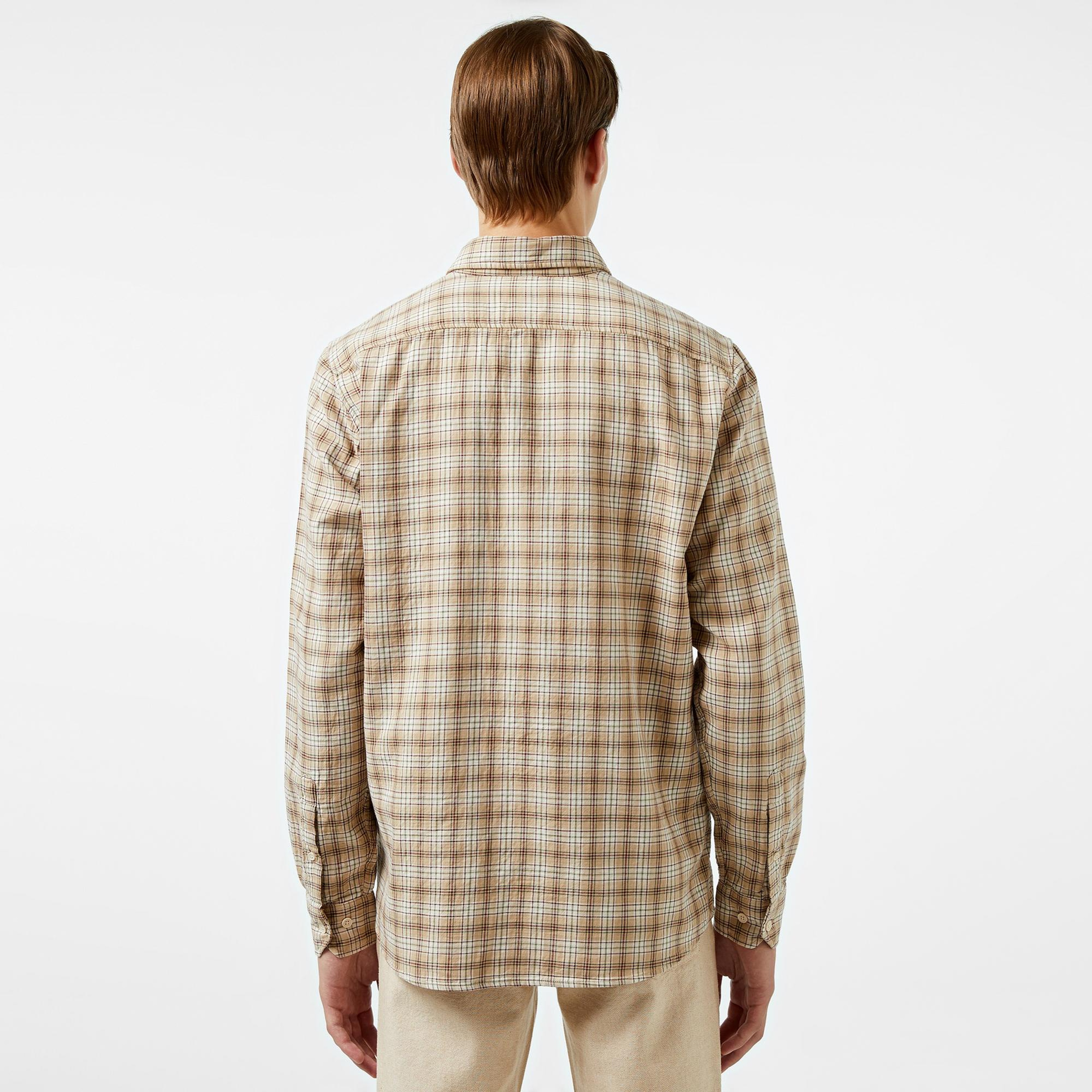 Erkek Regular Fit Düğmeli Yaka Ekose Kahverengi Gömlek