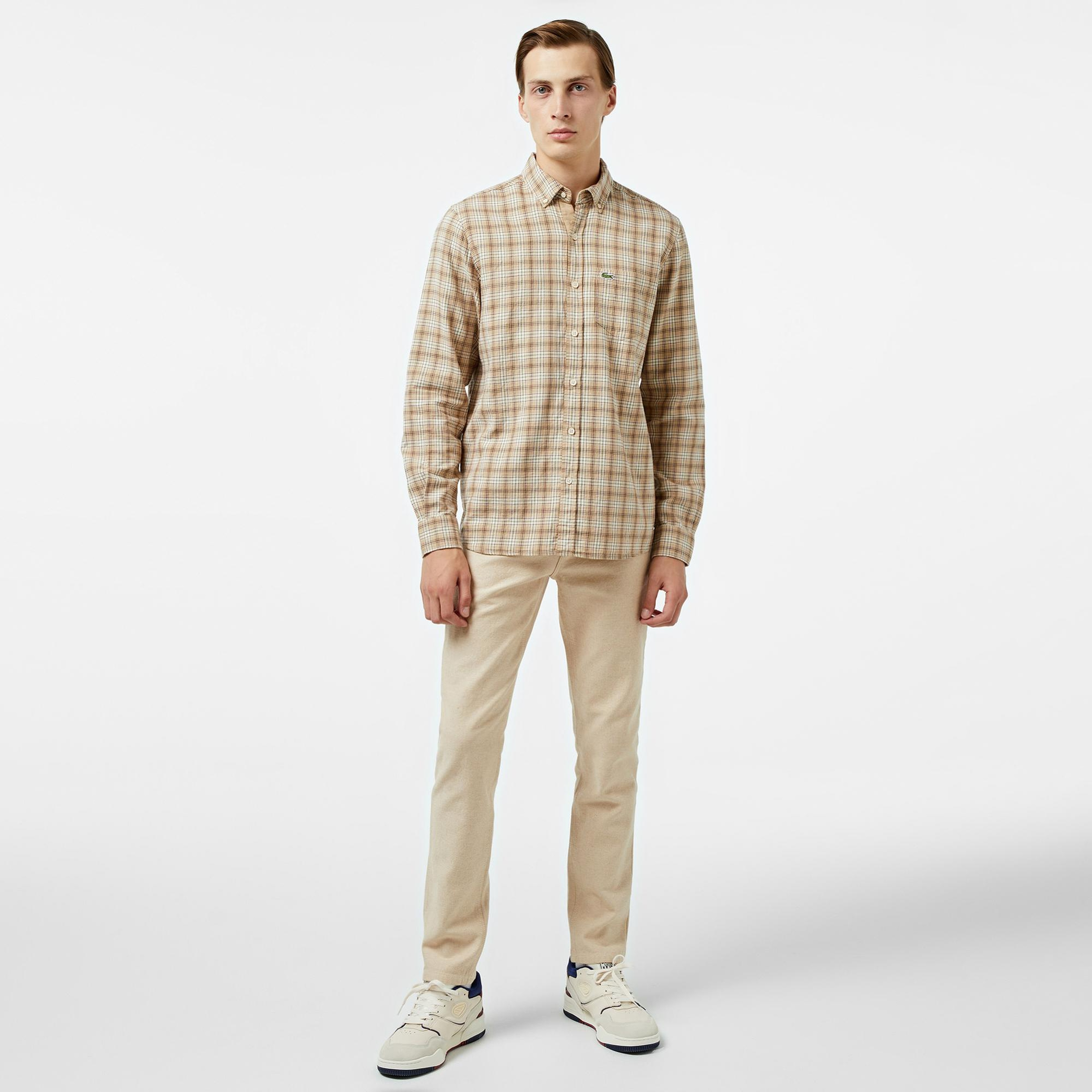 Erkek Regular Fit Düğmeli Yaka Ekose Kahverengi Gömlek