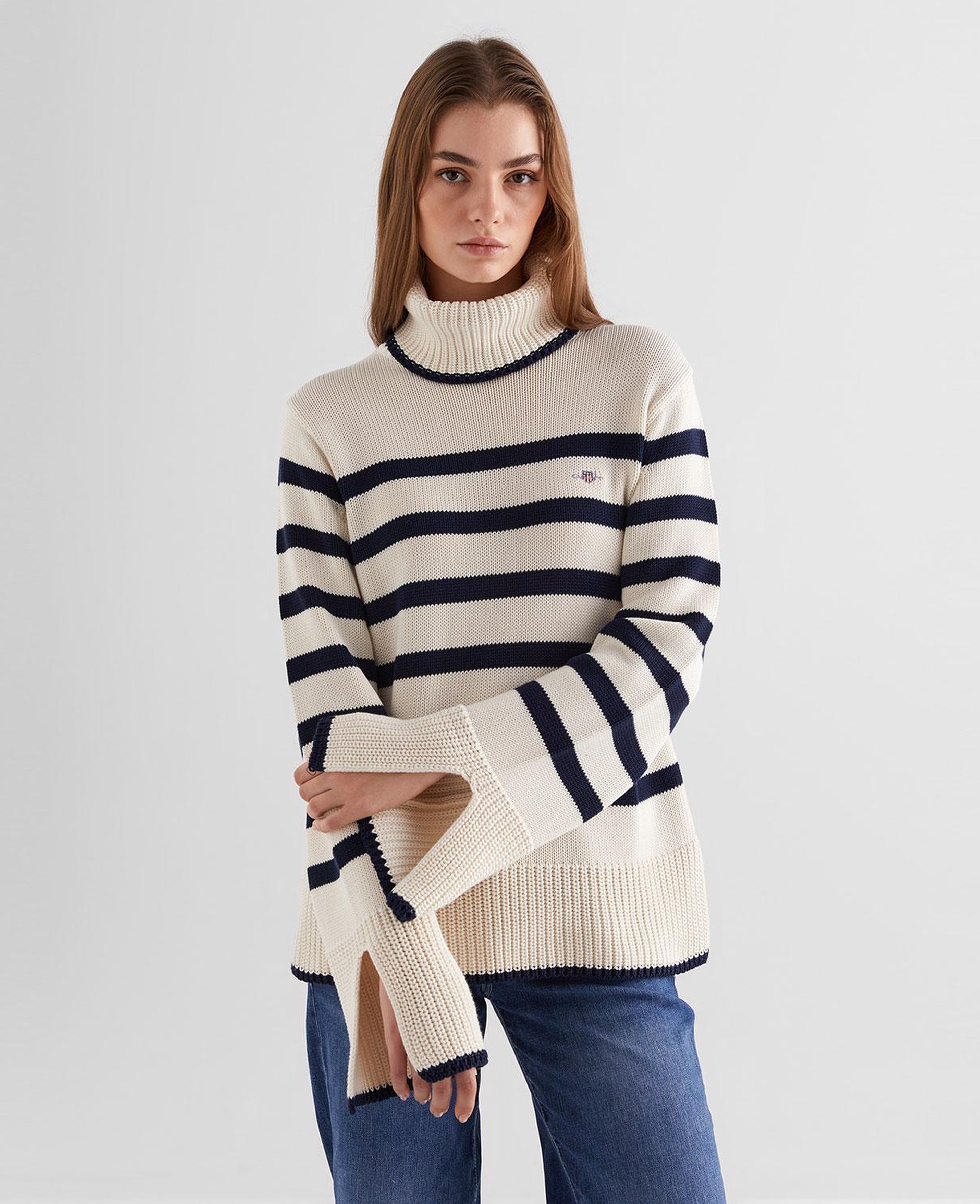 GANT Kadın Krem Oversize Fit Boğazlı Yaka Çizgili Kazak