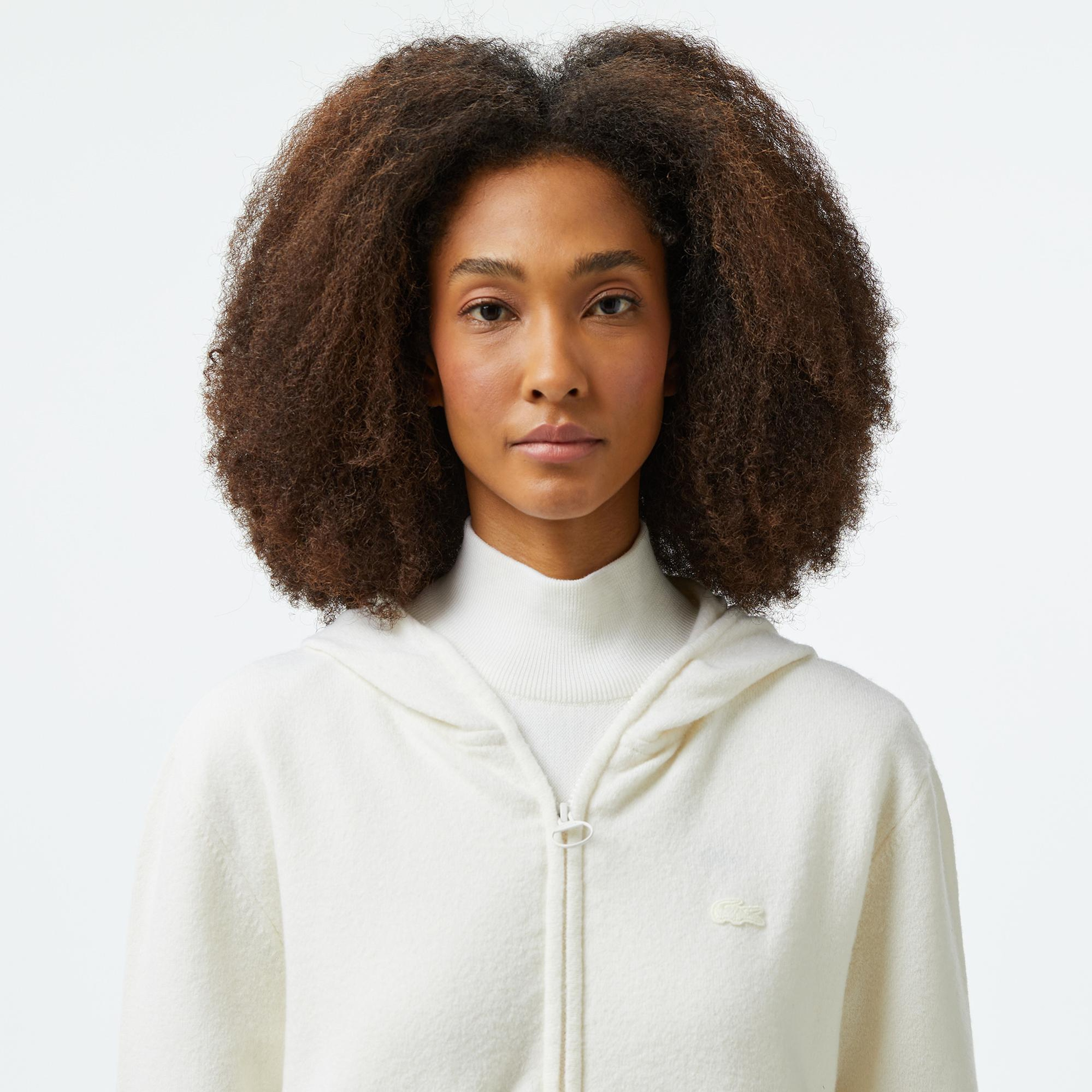 Kadın Relaxed Fit Kapüşonlu Beyaz Hırka