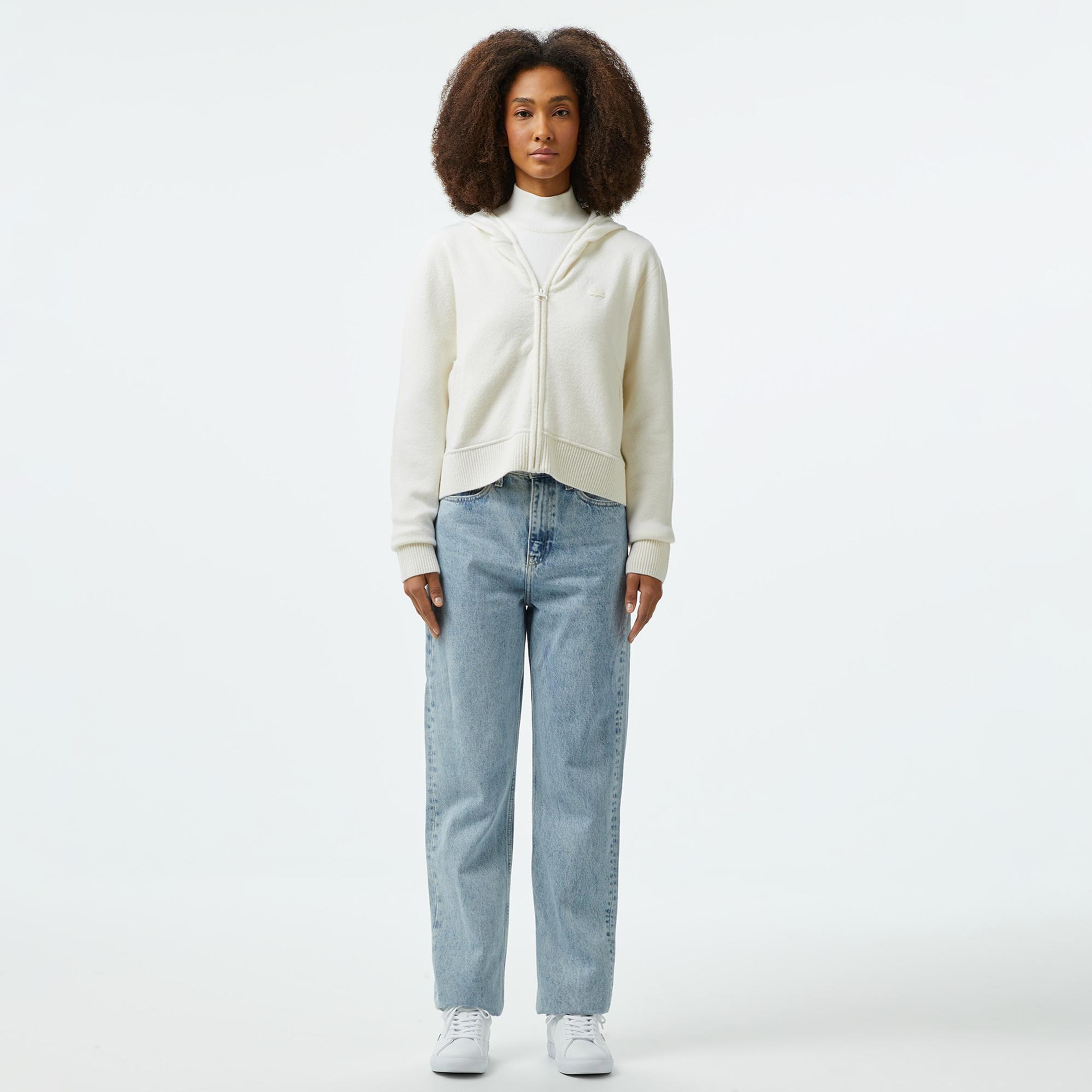 Kadın Relaxed Fit Kapüşonlu Beyaz Hırka