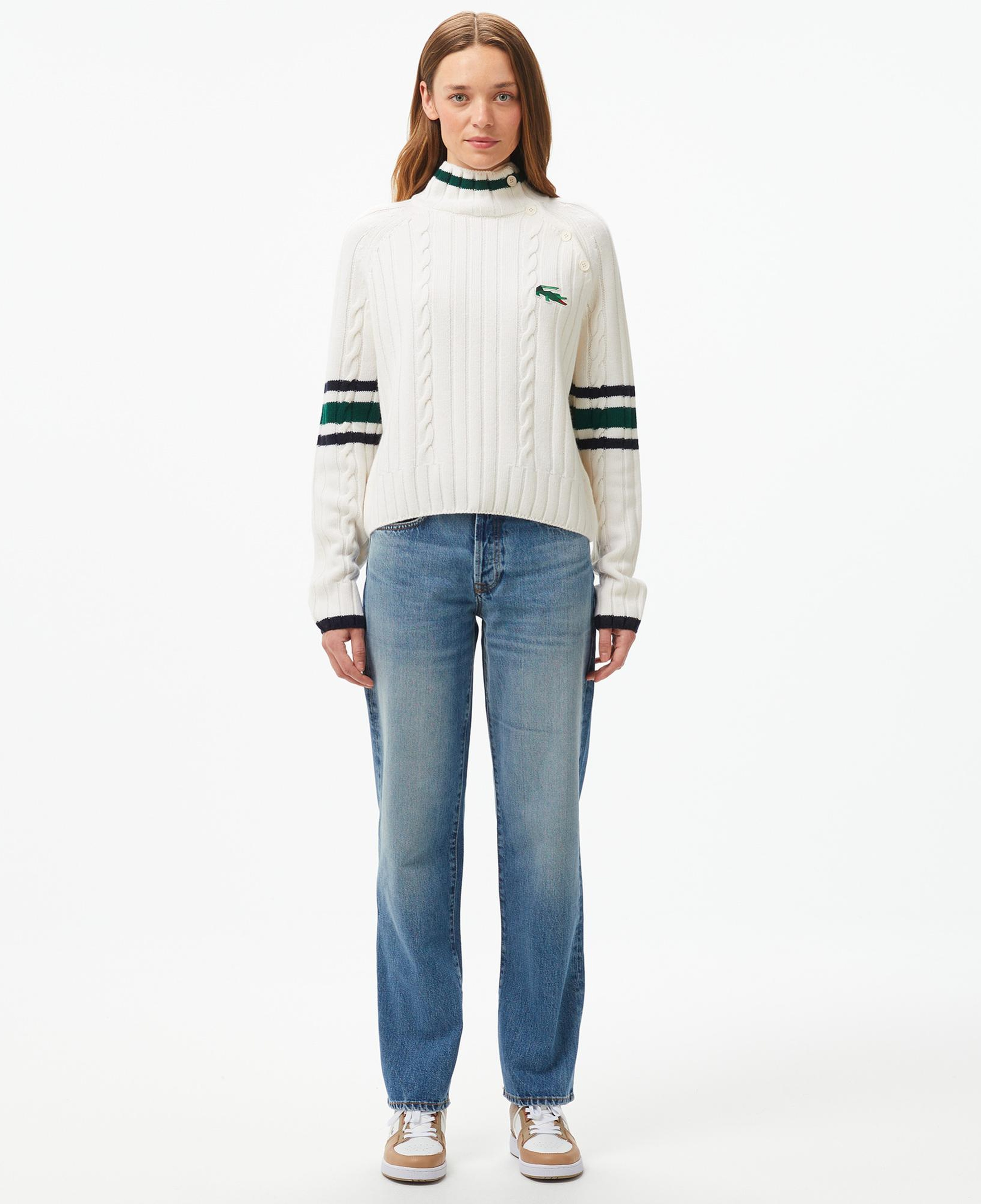 Kadın Regular Fit Boğazlı Renk Bloklu Beyaz Kazak