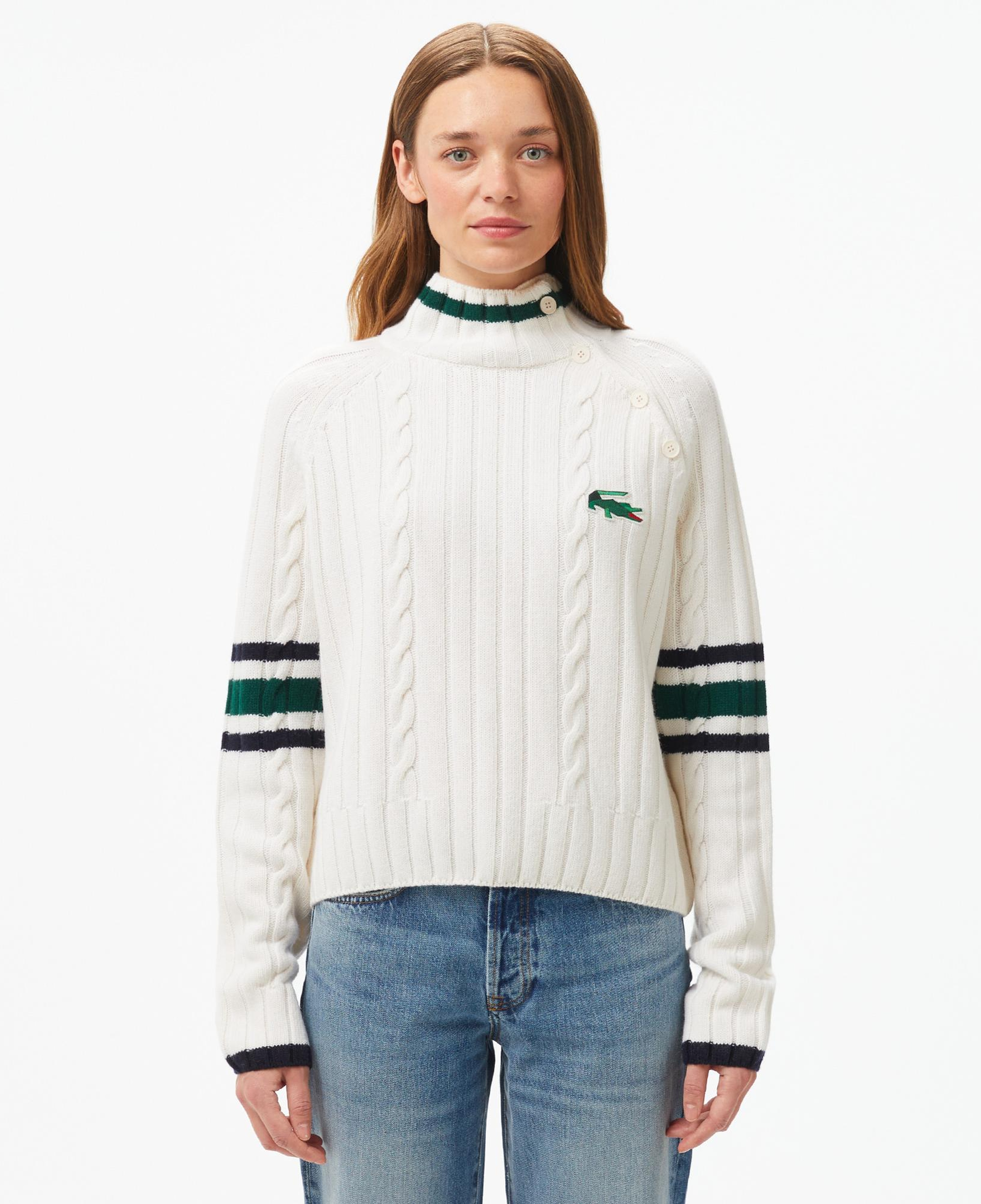 Kadın Regular Fit Boğazlı Renk Bloklu Beyaz Kazak