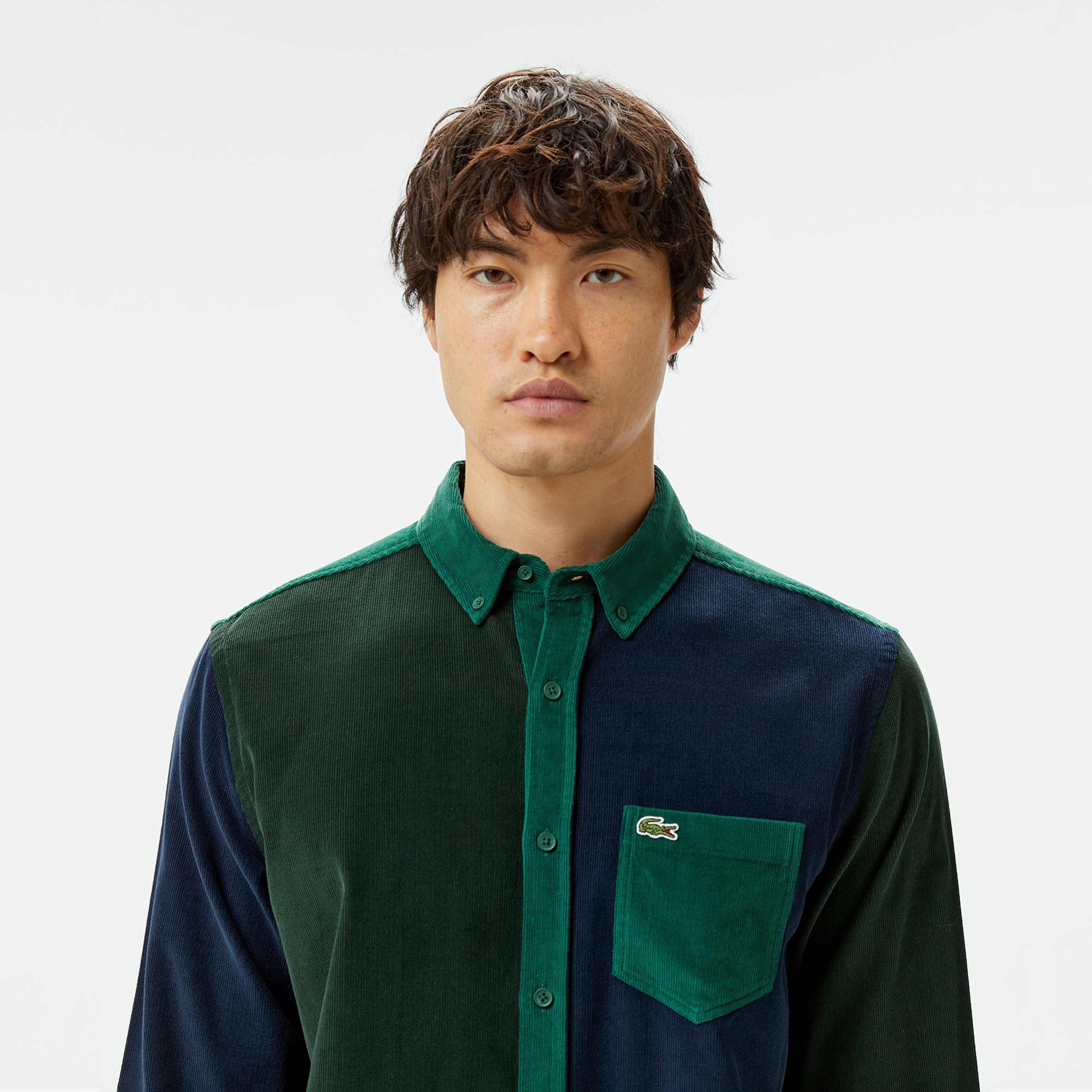 Erkek Regular Fit Düğmeli Yaka Renk Bloklu Koyu Yeşil Gömlek