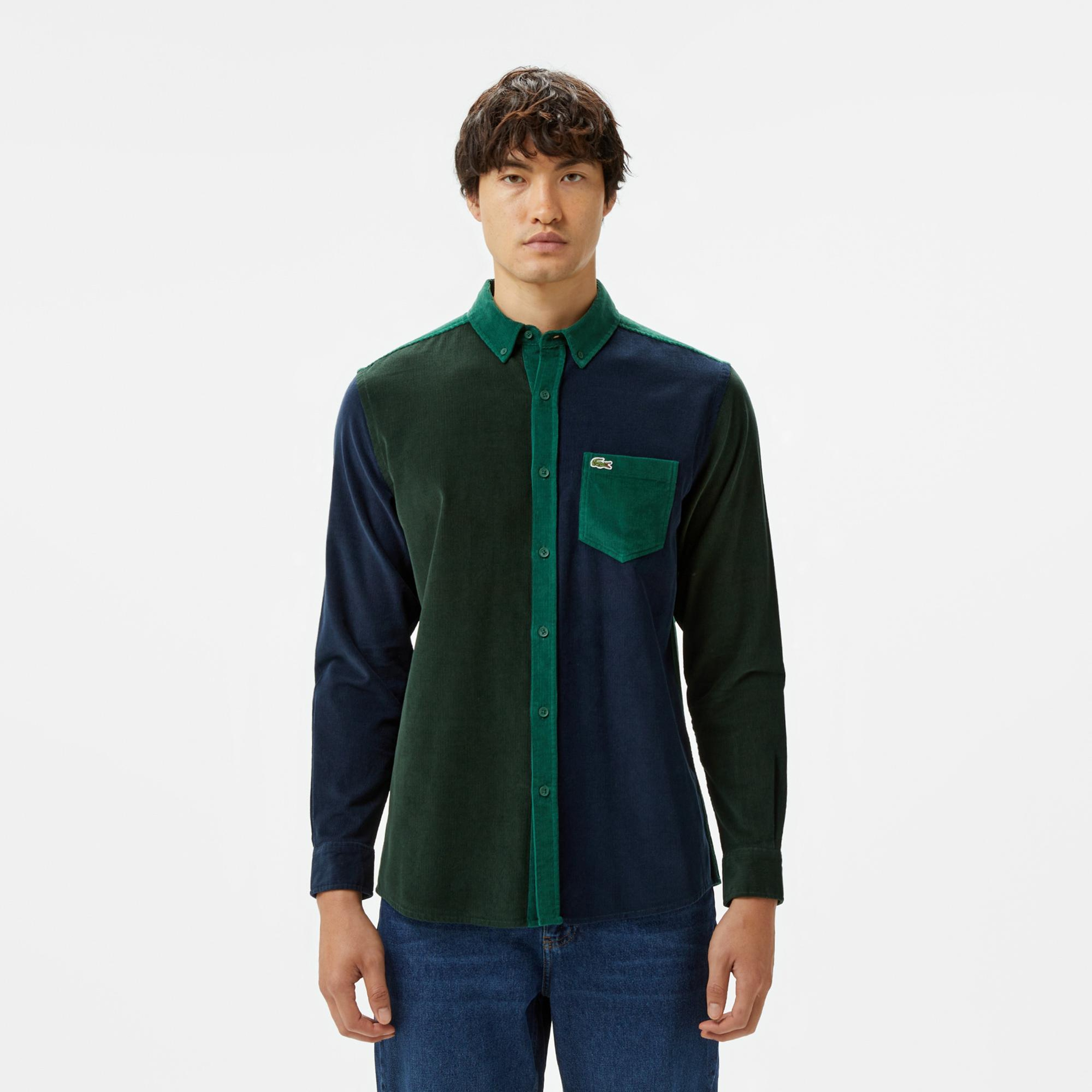 Erkek Regular Fit Düğmeli Yaka Renk Bloklu Koyu Yeşil Gömlek