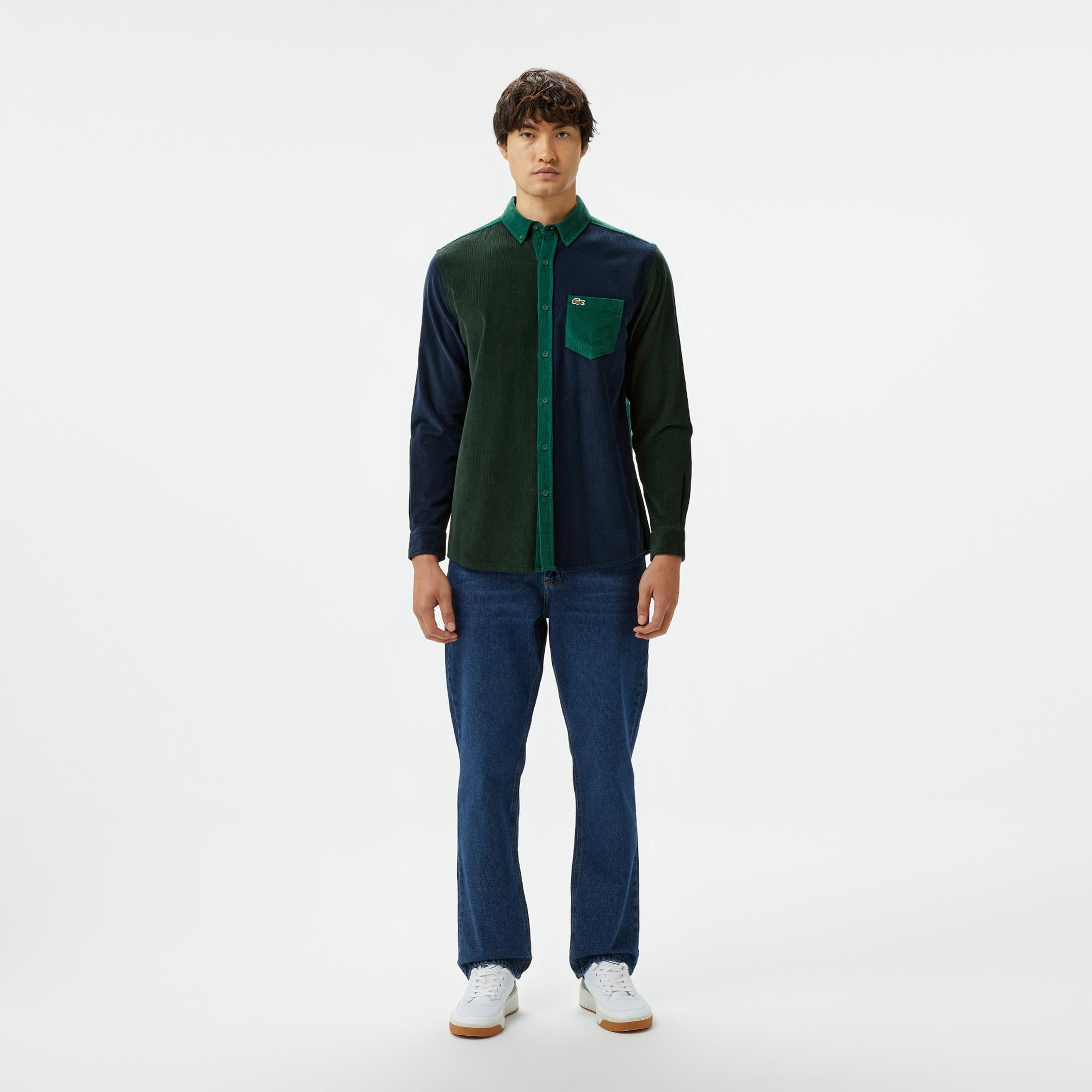 Erkek Regular Fit Düğmeli Yaka Renk Bloklu Koyu Yeşil Gömlek