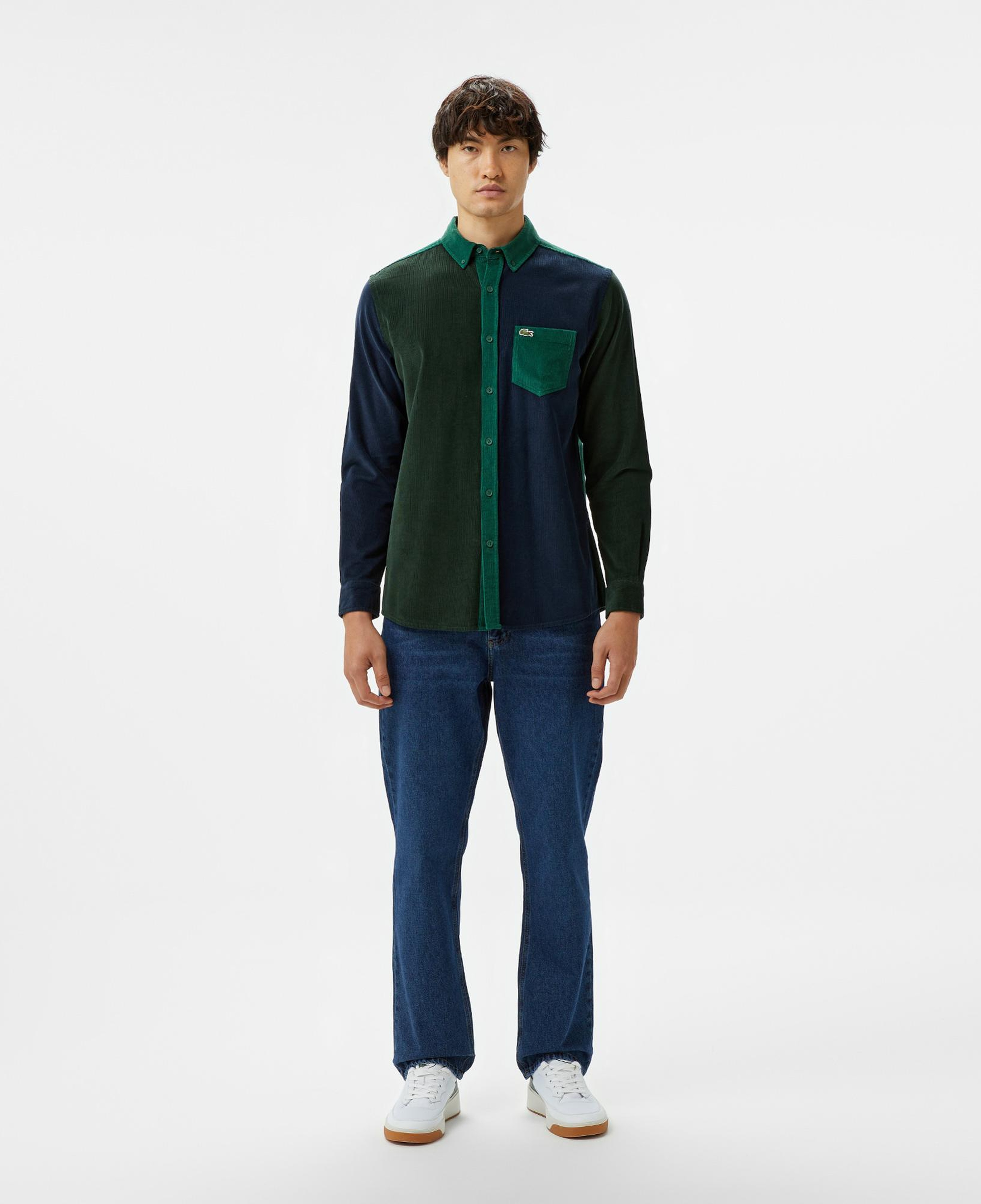 Erkek Regular Fit Düğmeli Yaka Renk Bloklu Koyu Yeşil Gömlek