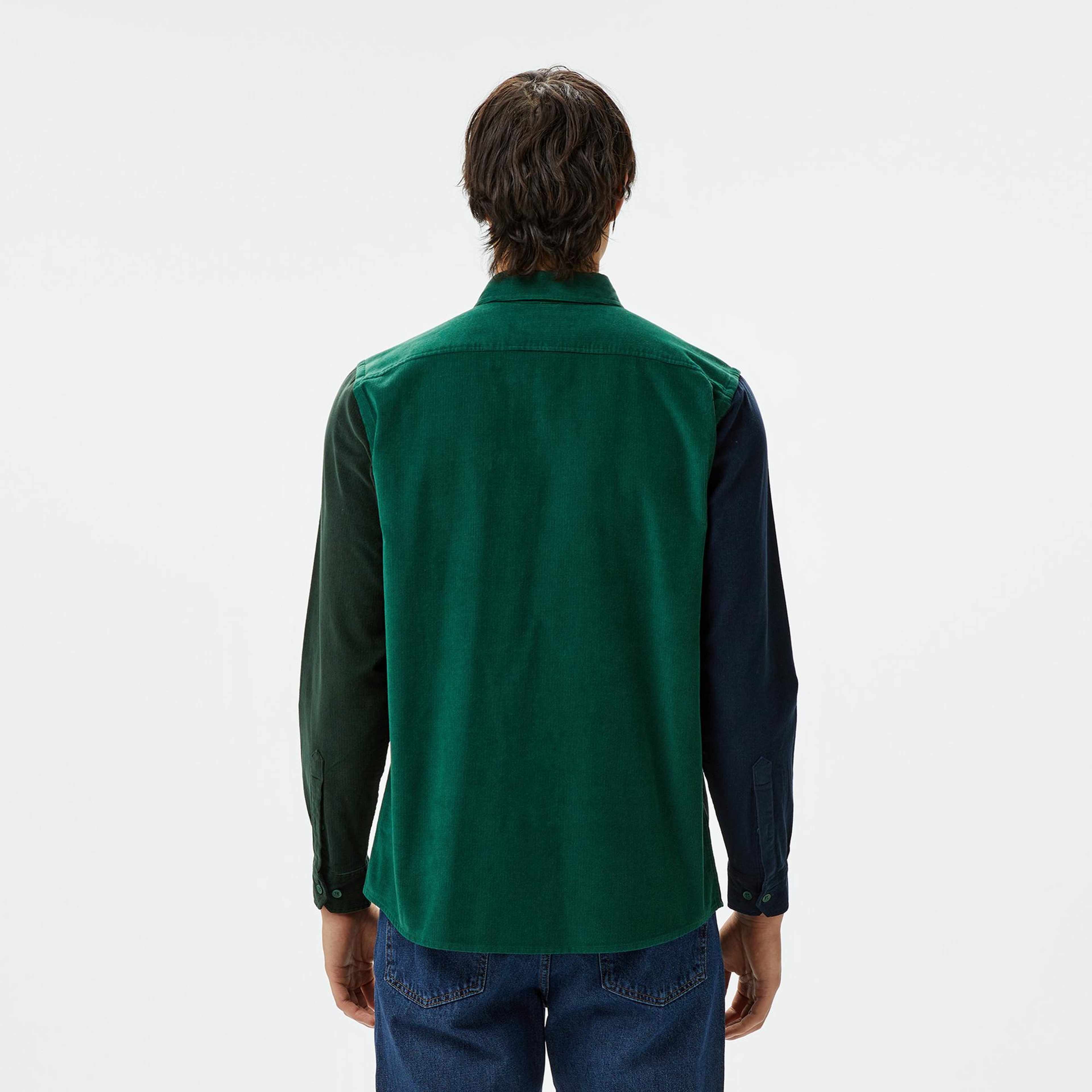 Erkek Regular Fit Düğmeli Yaka Renk Bloklu Koyu Yeşil Gömlek