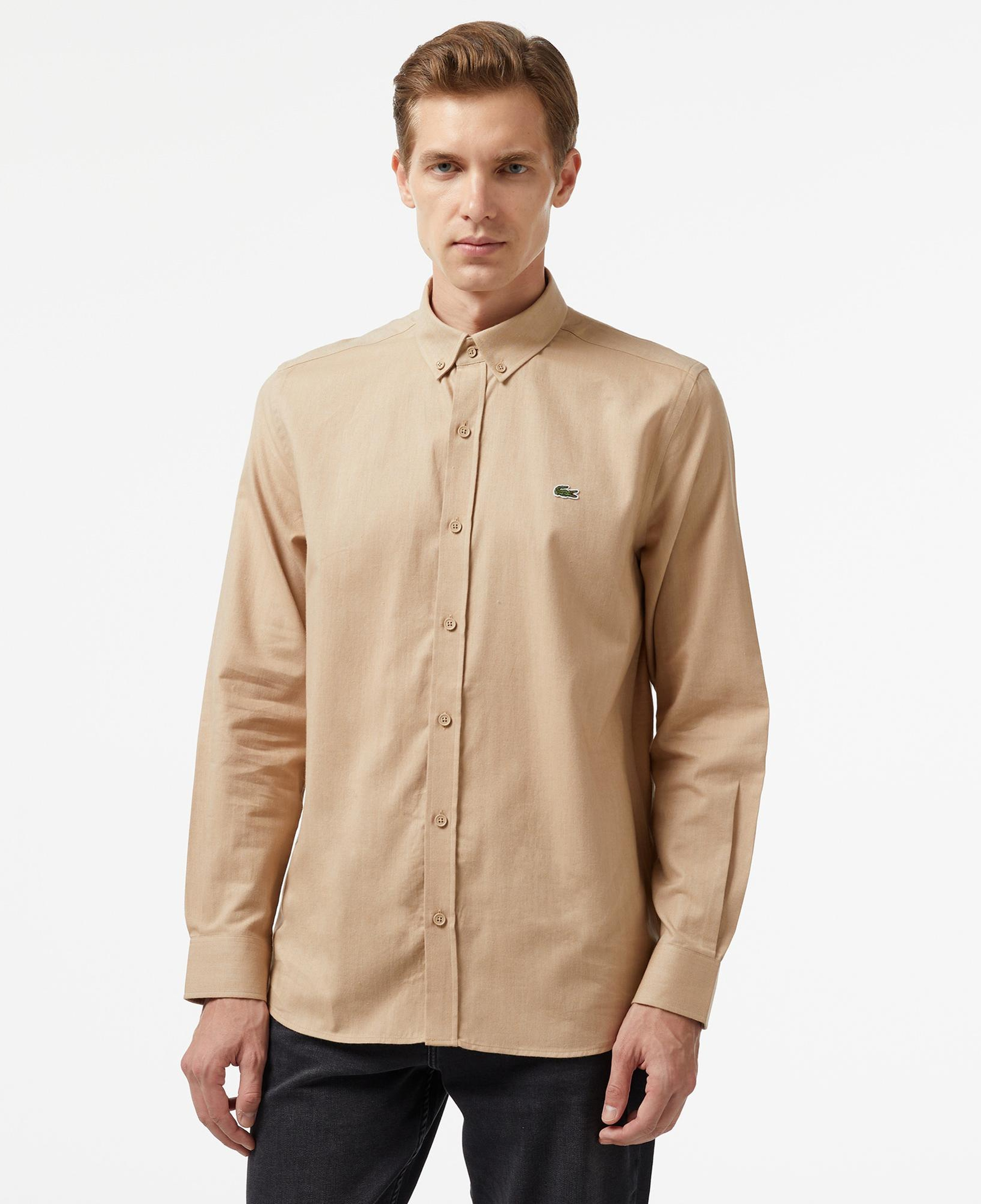 Erkek Slim Fit Düğmeli Yaka Kahverengi Gömlek