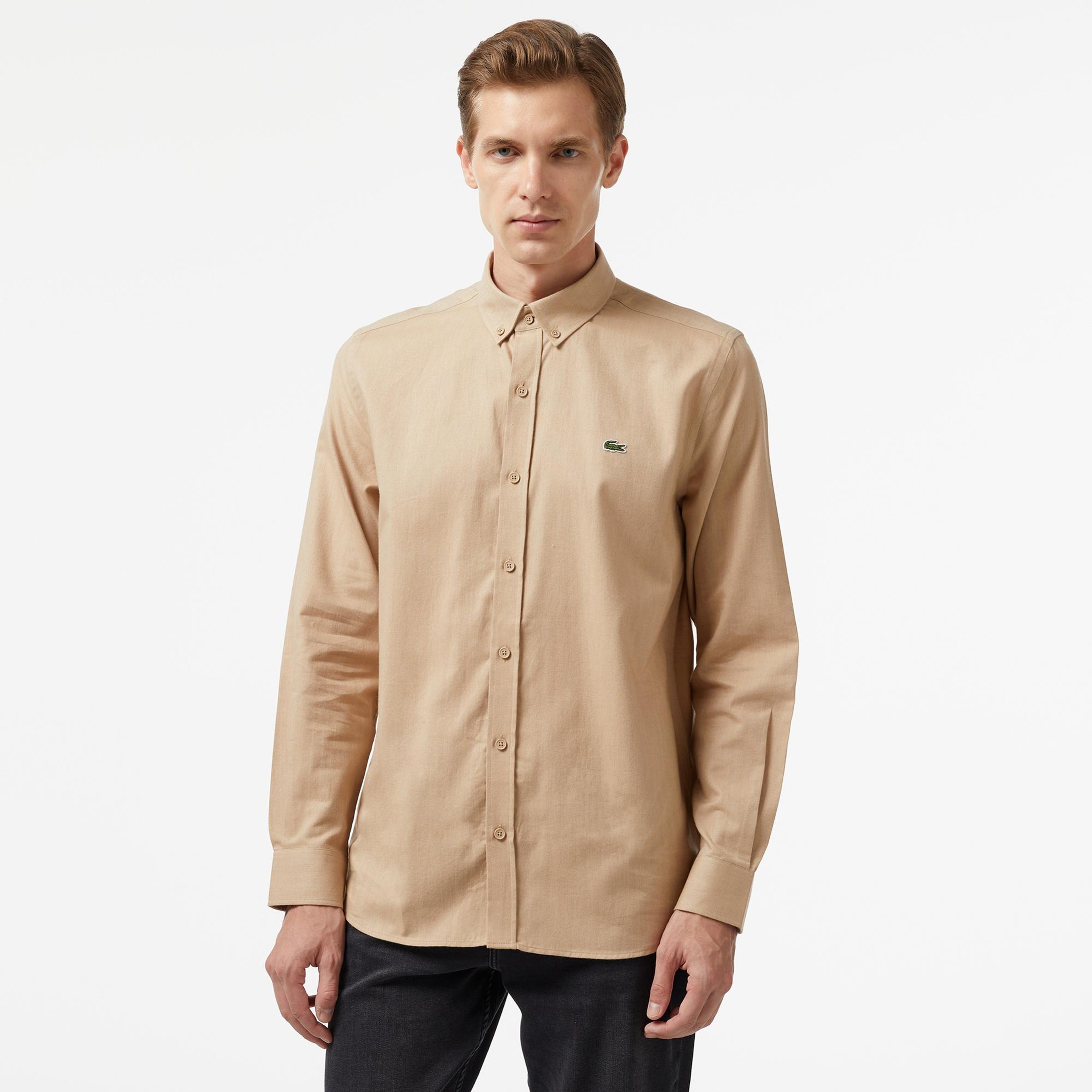 Erkek Slim Fit Düğmeli Yaka Kahverengi Gömlek