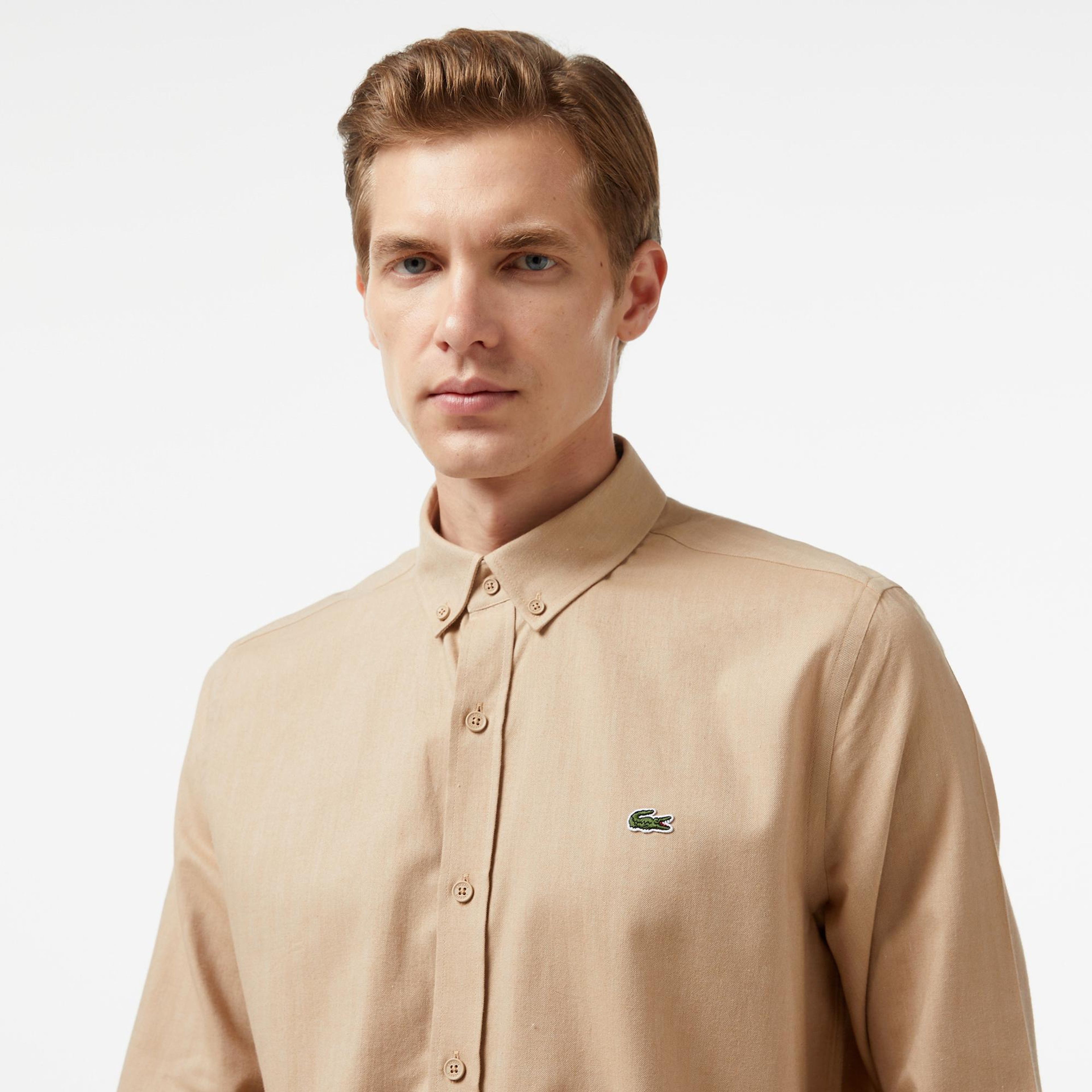 Erkek Slim Fit Düğmeli Yaka Kahverengi Gömlek