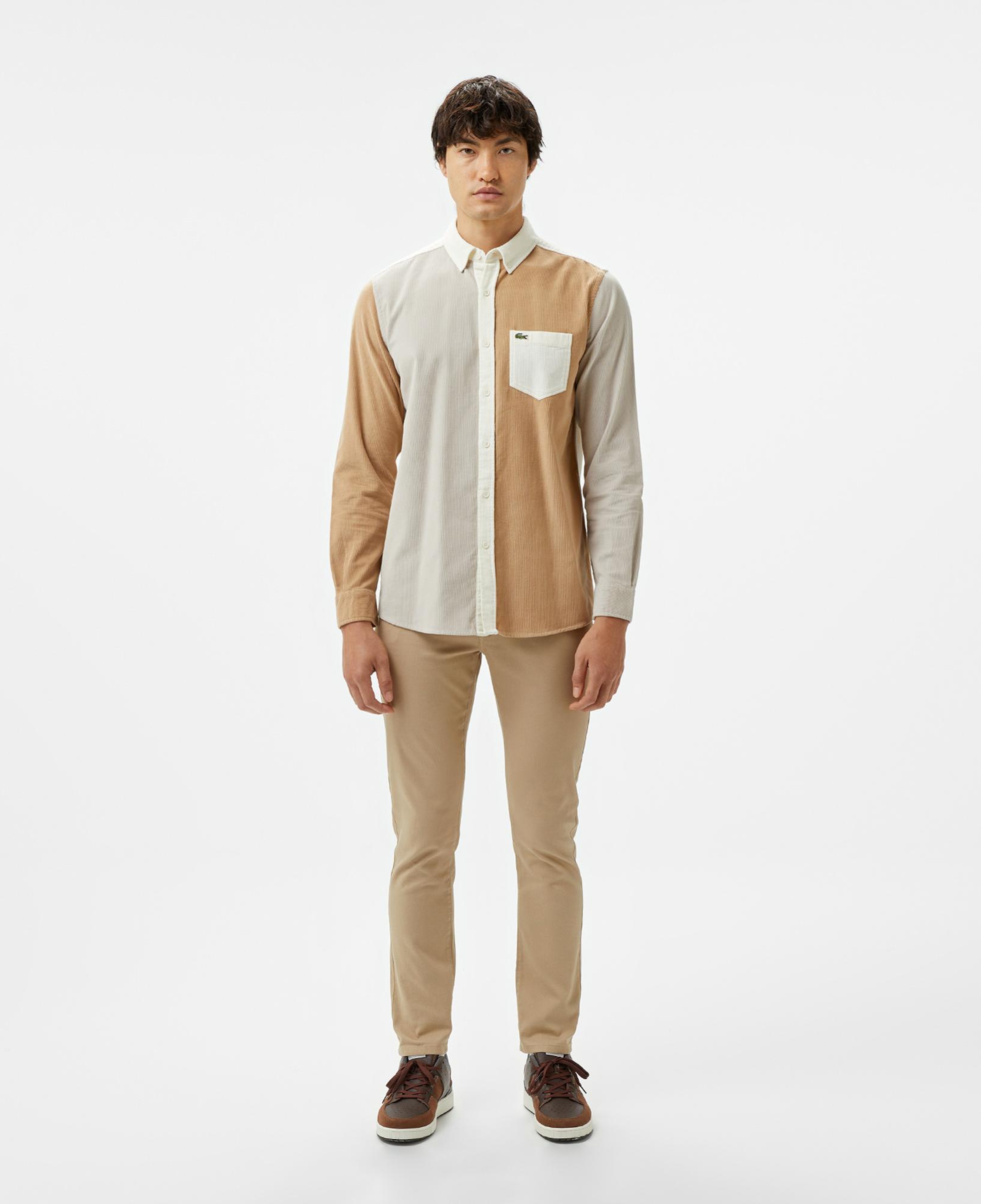 Erkek Regular Fit Düğmeli Yaka Renk Bloklu Bej Gömlek