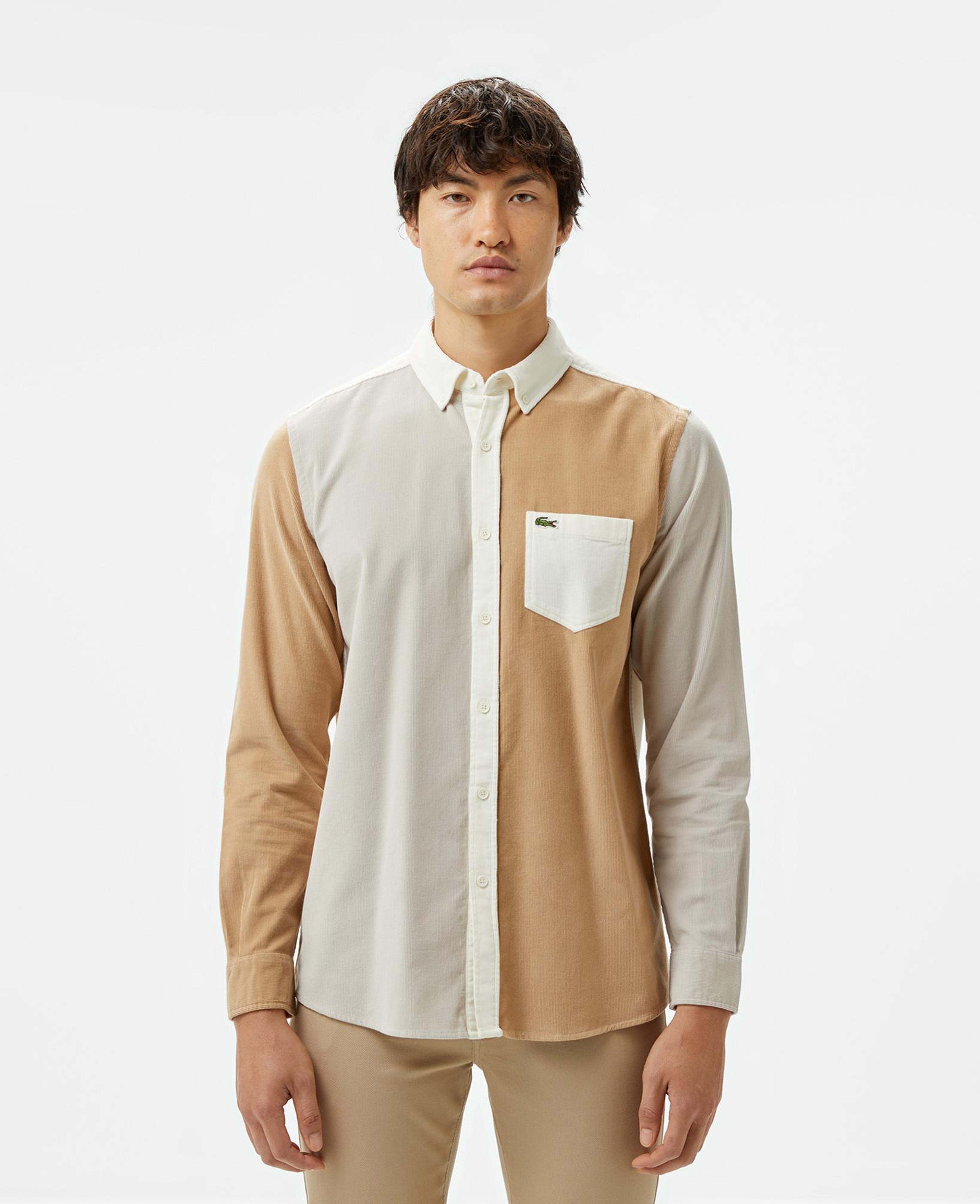 Erkek Regular Fit Düğmeli Yaka Renk Bloklu Bej Gömlek