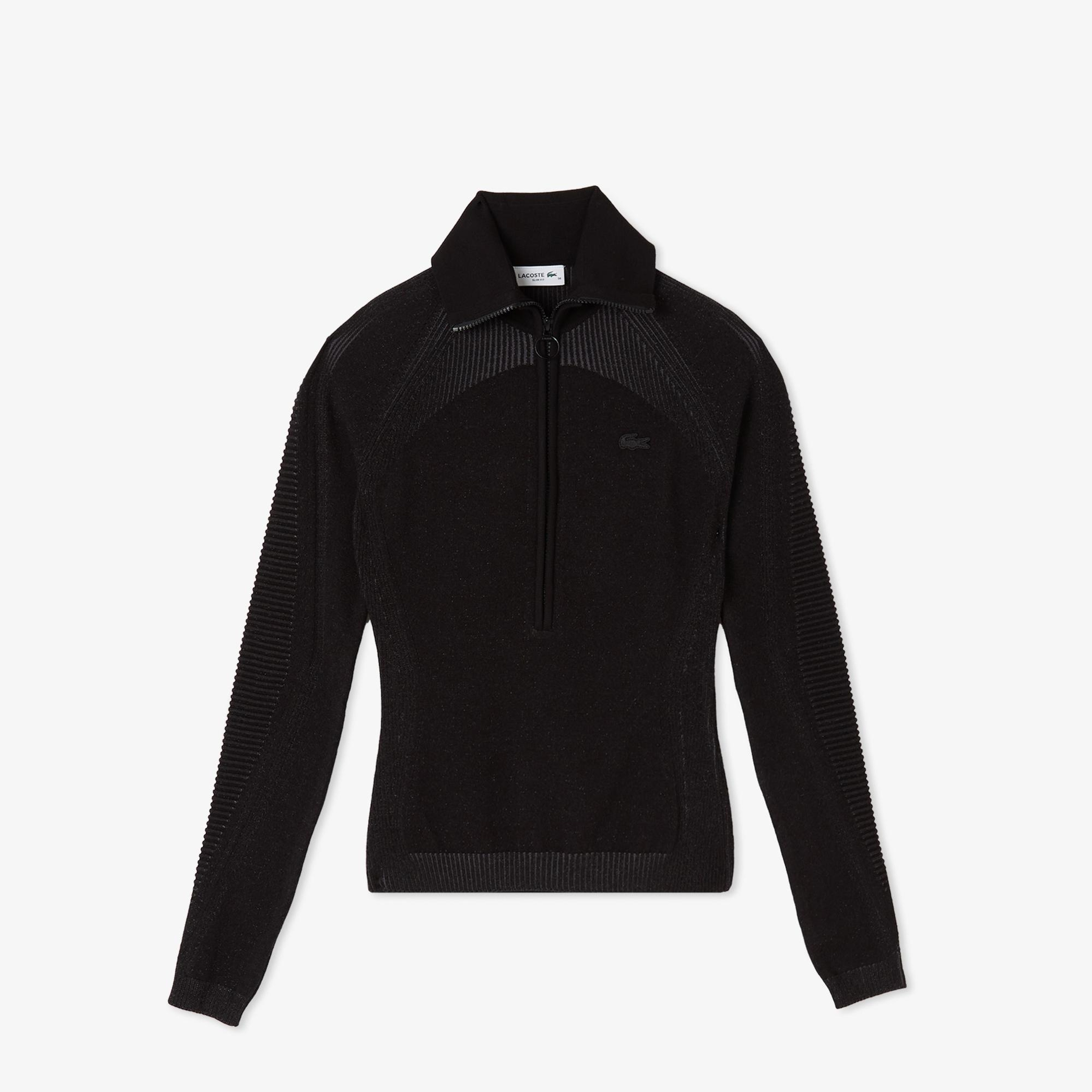 Kadın Slim Fit Yarım Fermuarlı Siyah Triko