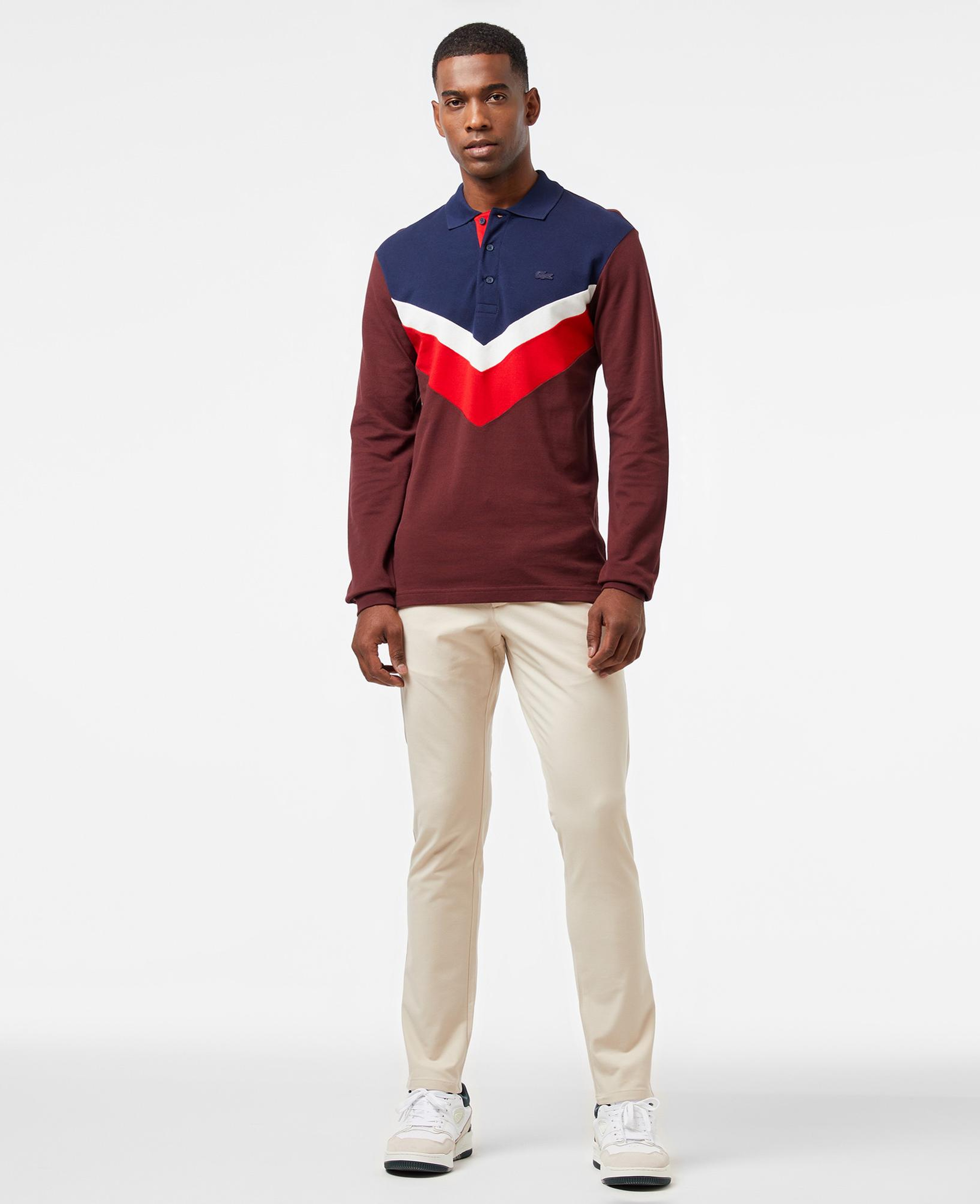 Erkek Classic Fit Uzun Kollu Renk Bloklu Bordo Polo