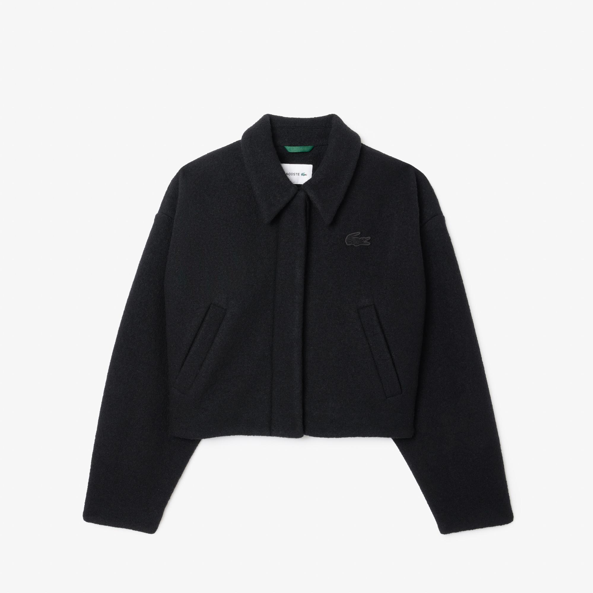 Kadın Oversize Fit Gömlek Yaka Yün Siyah Mont