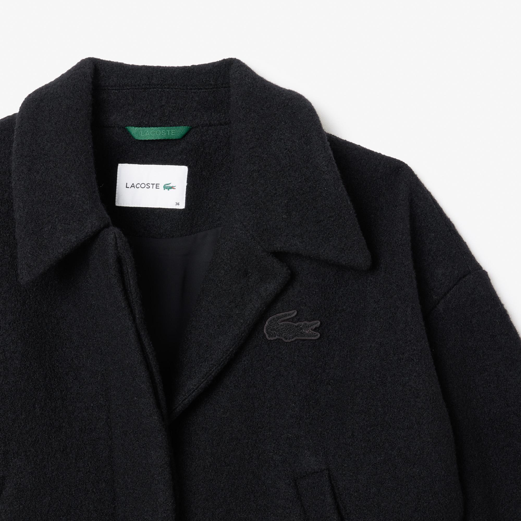 Kadın Oversize Fit Gömlek Yaka Yün Siyah Mont