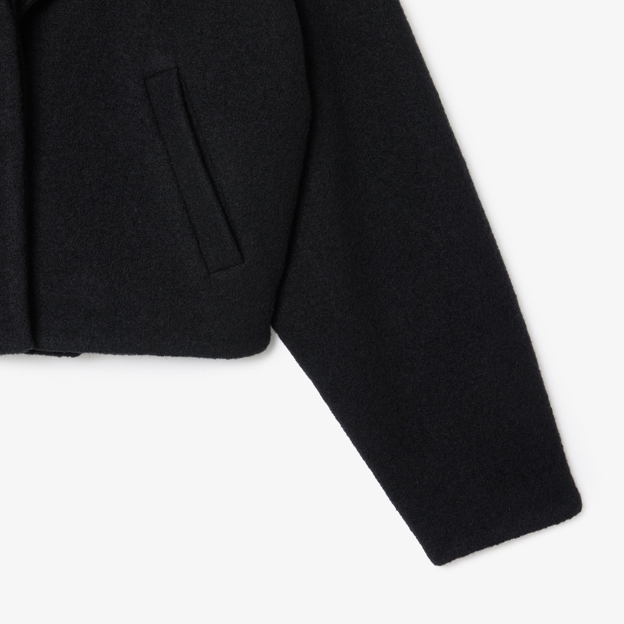 Kadın Oversize Fit Gömlek Yaka Yün Siyah Mont