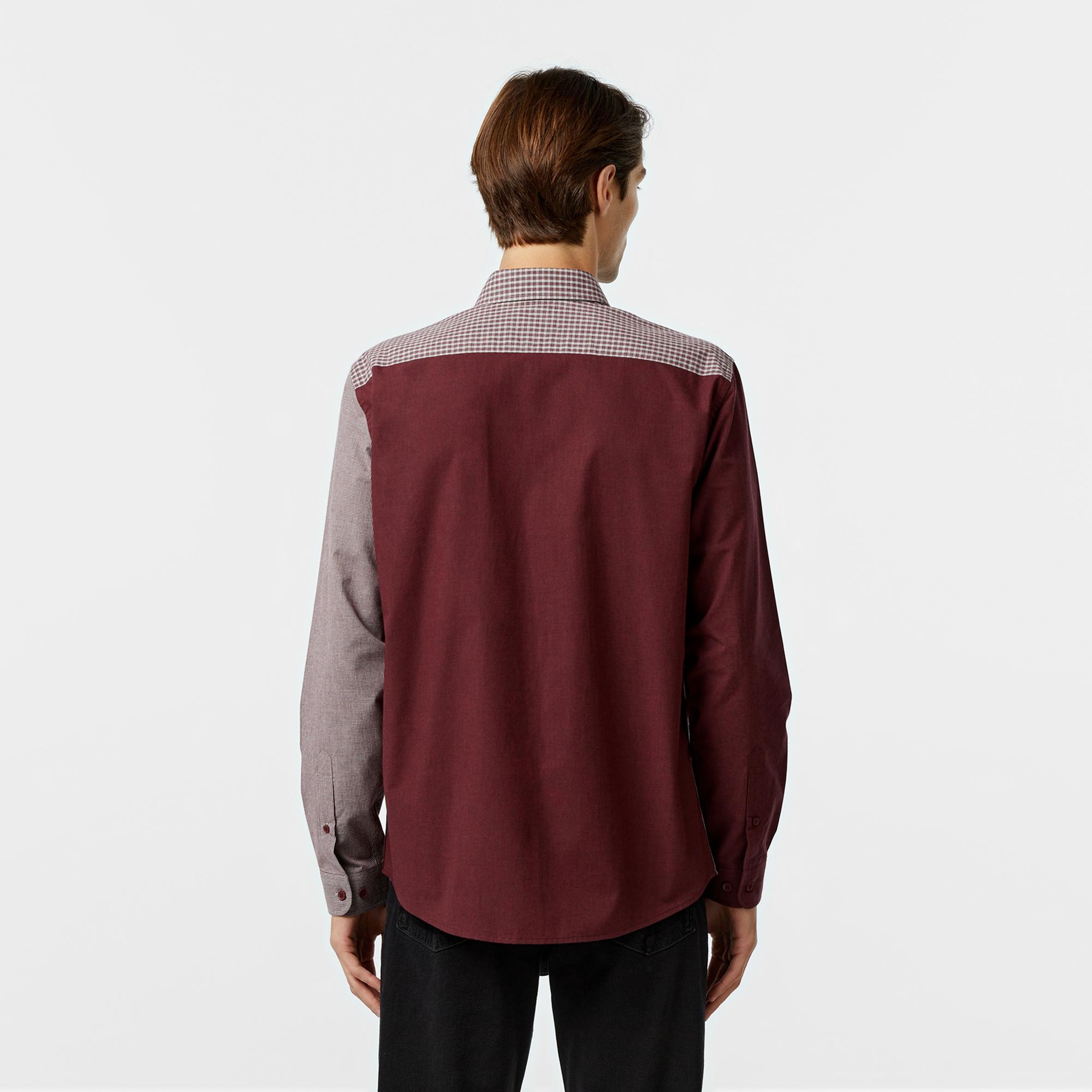 Erkek Relaxed Fit Düğmeli Yaka Ekose Bordo Gömlek