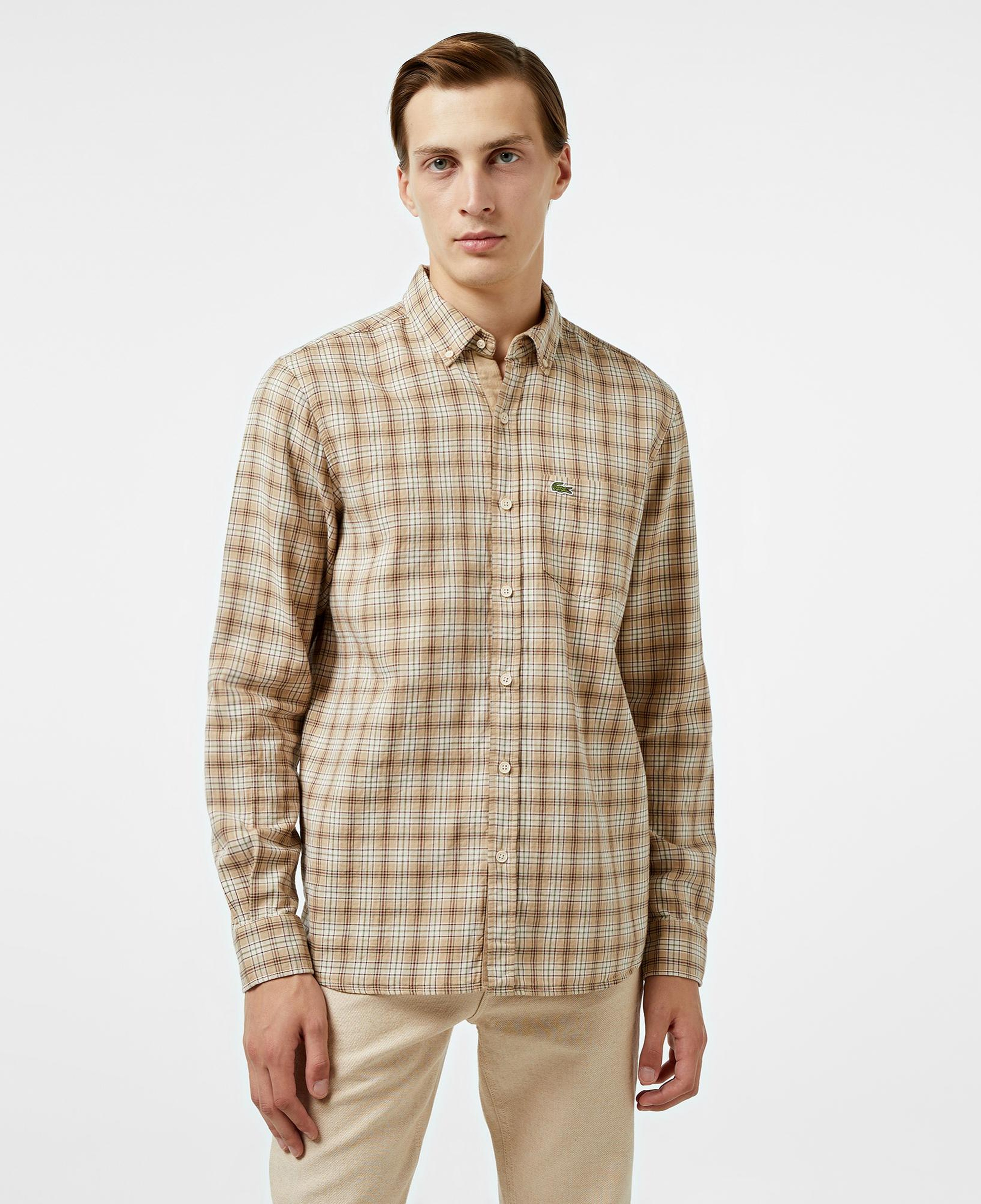 Erkek Regular Fit Düğmeli Yaka Ekose Kahverengi Gömlek
