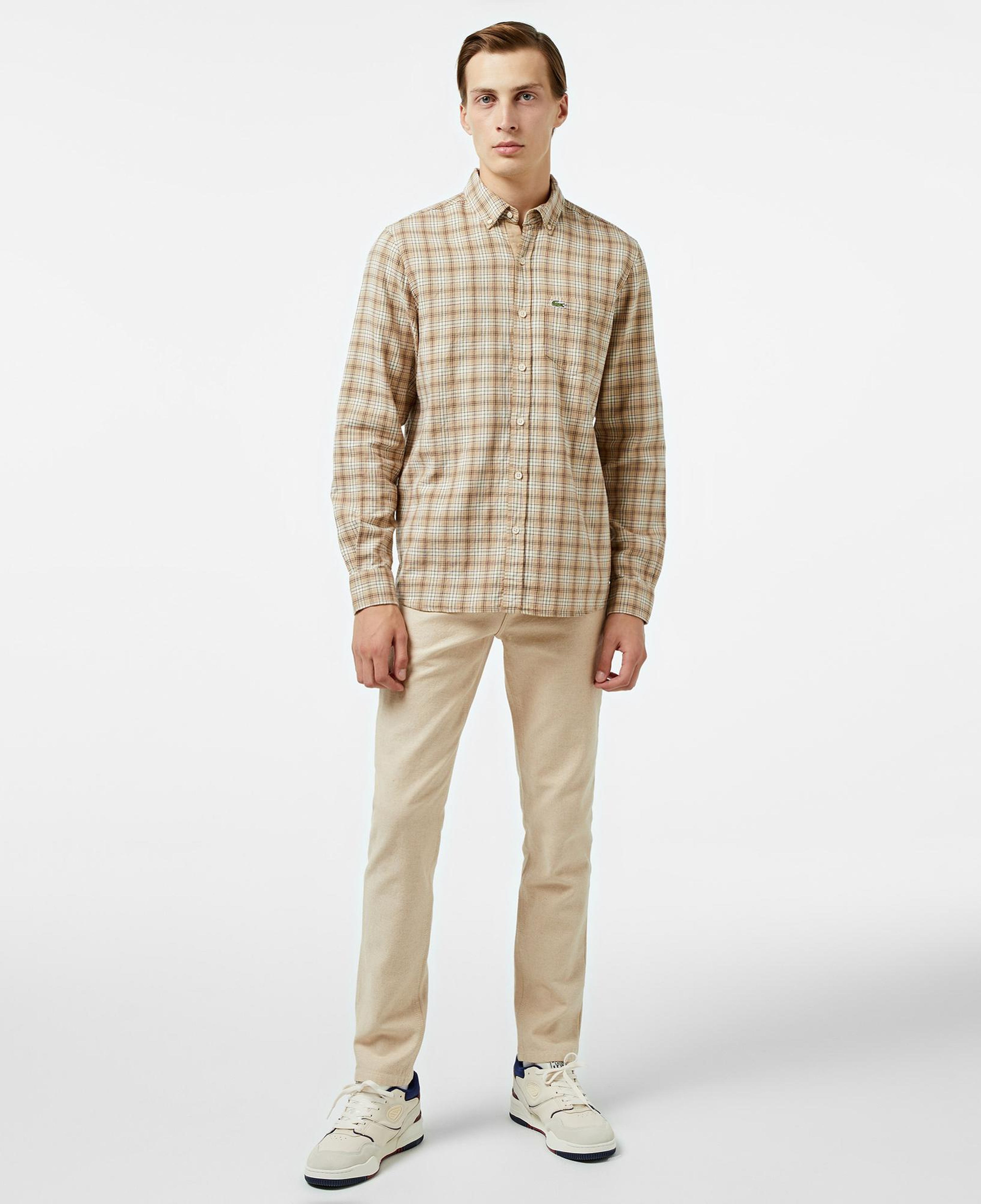 Erkek Regular Fit Düğmeli Yaka Ekose Kahverengi Gömlek