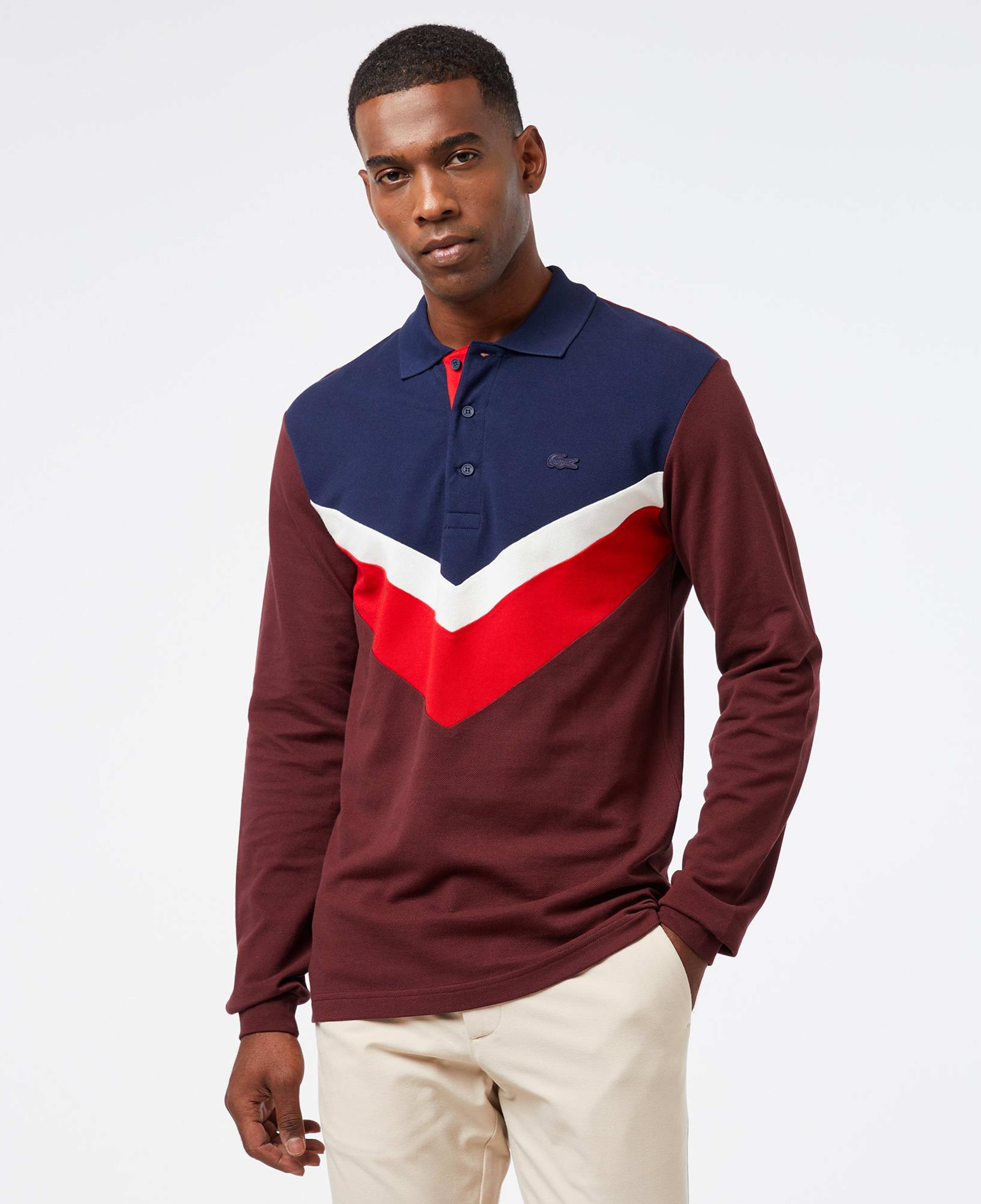 Erkek Classic Fit Uzun Kollu Renk Bloklu Bordo Polo