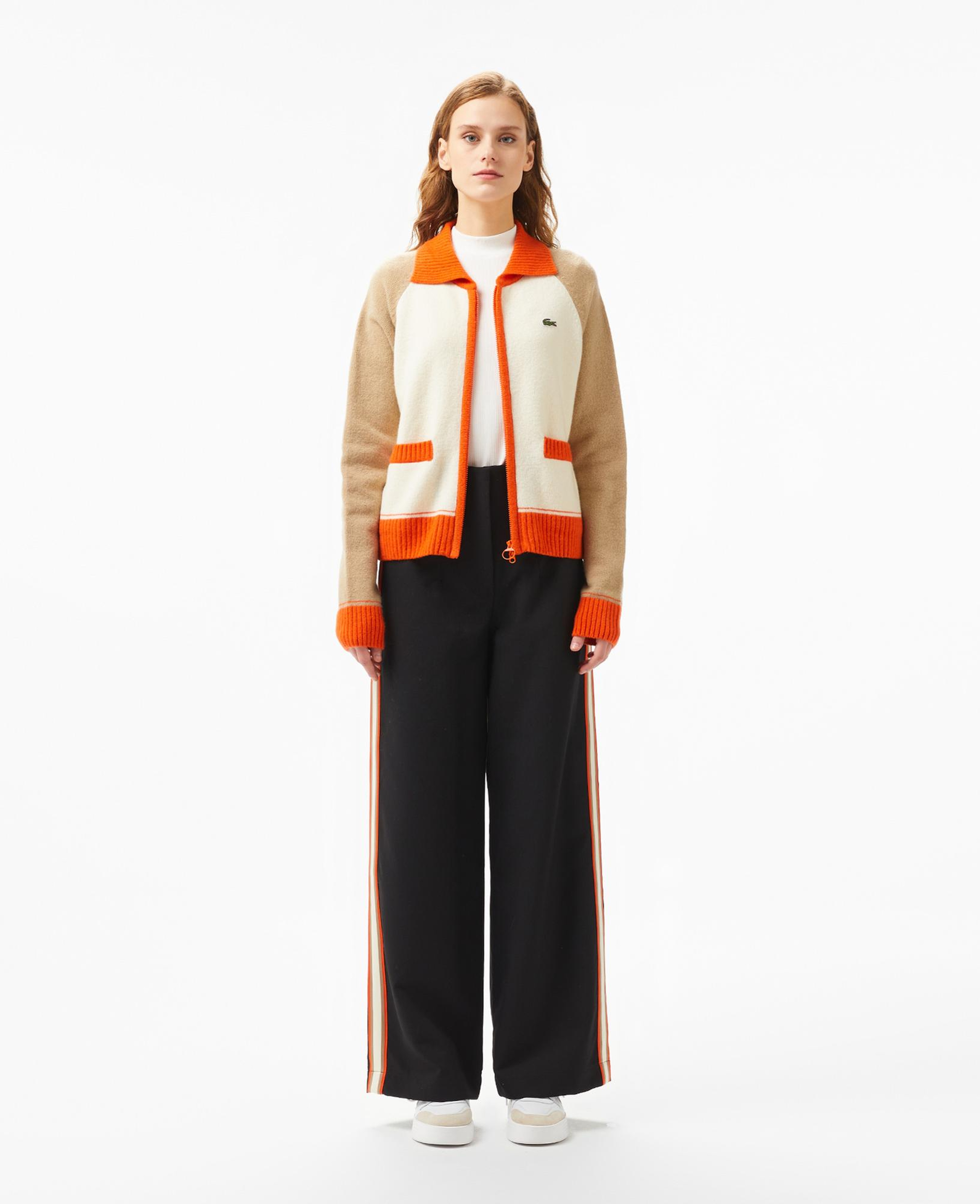 Kadın Relaxed Fit Fermuarlı Renk Bloklu Bej Triko