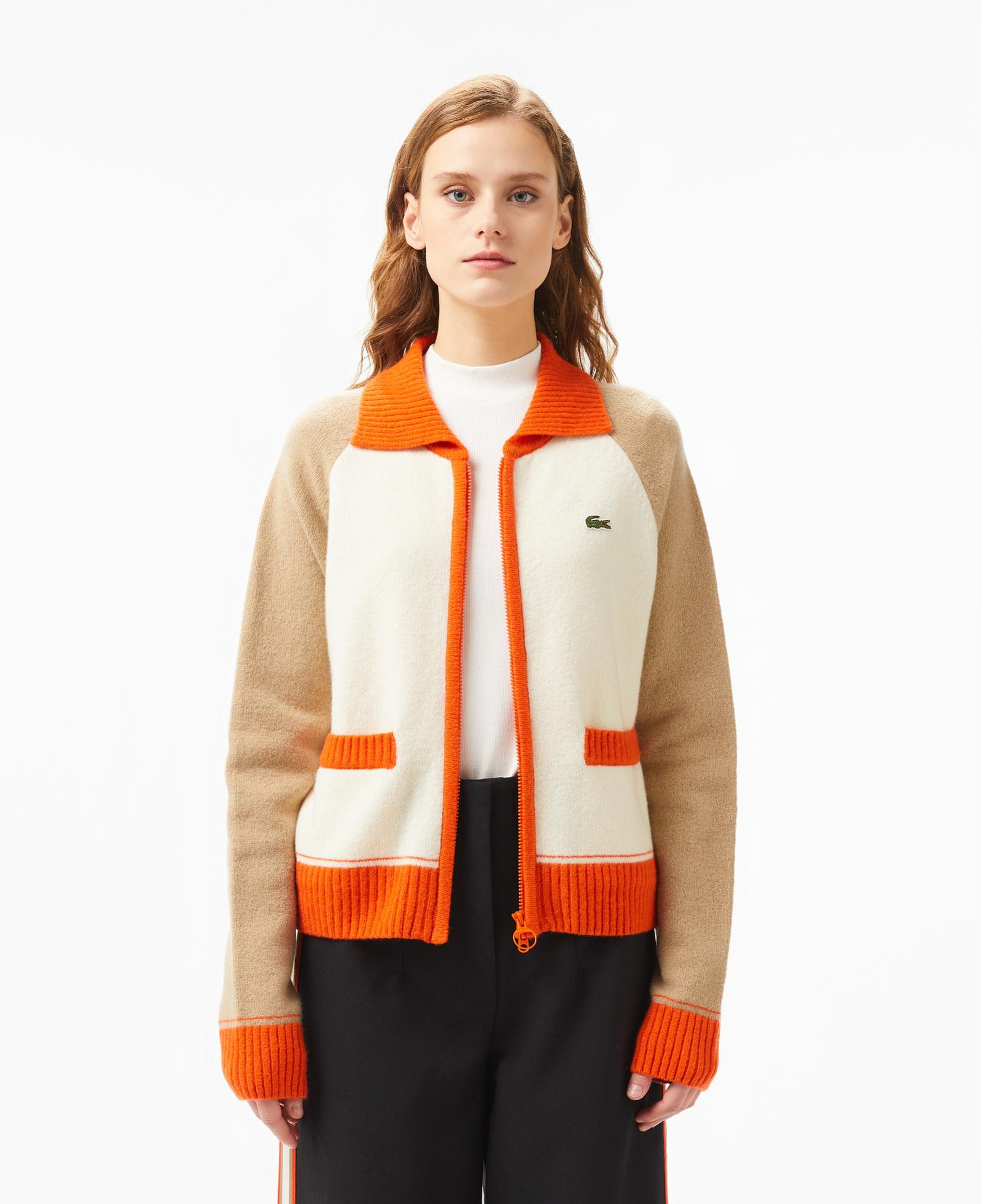 Kadın Relaxed Fit Fermuarlı Renk Bloklu Bej Triko